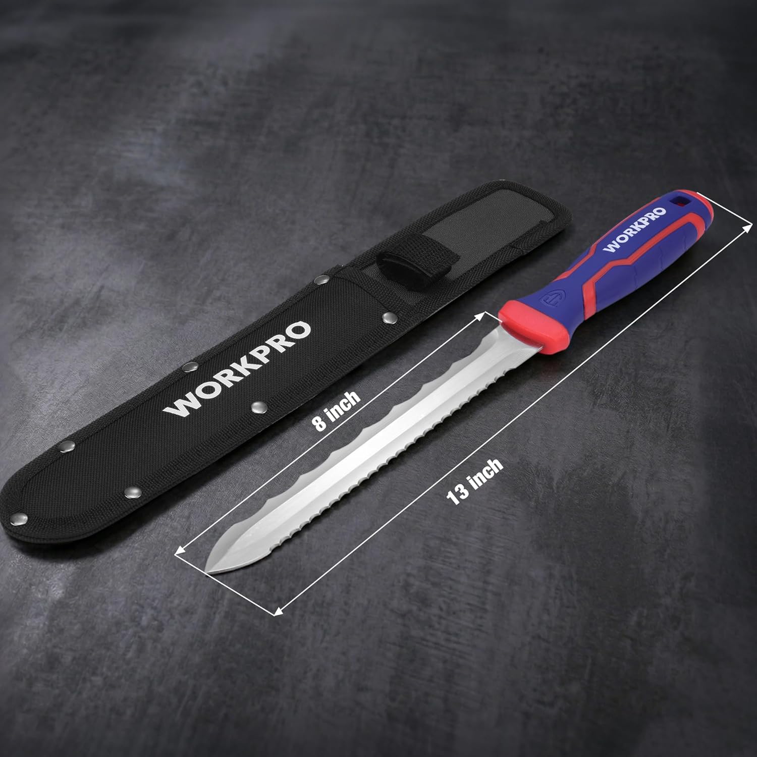 Insulation cutting knife with black nylon sheath and red-blue handle, serrated blade