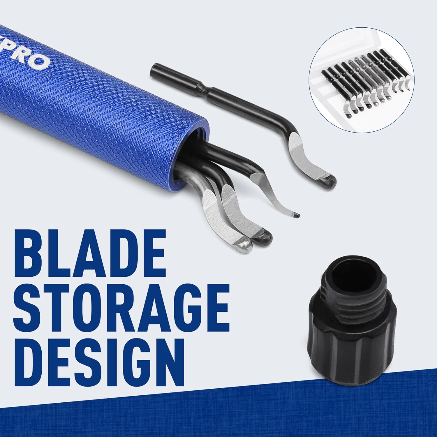 Blue deburring tool showing blade storage cap and removable swivel blades