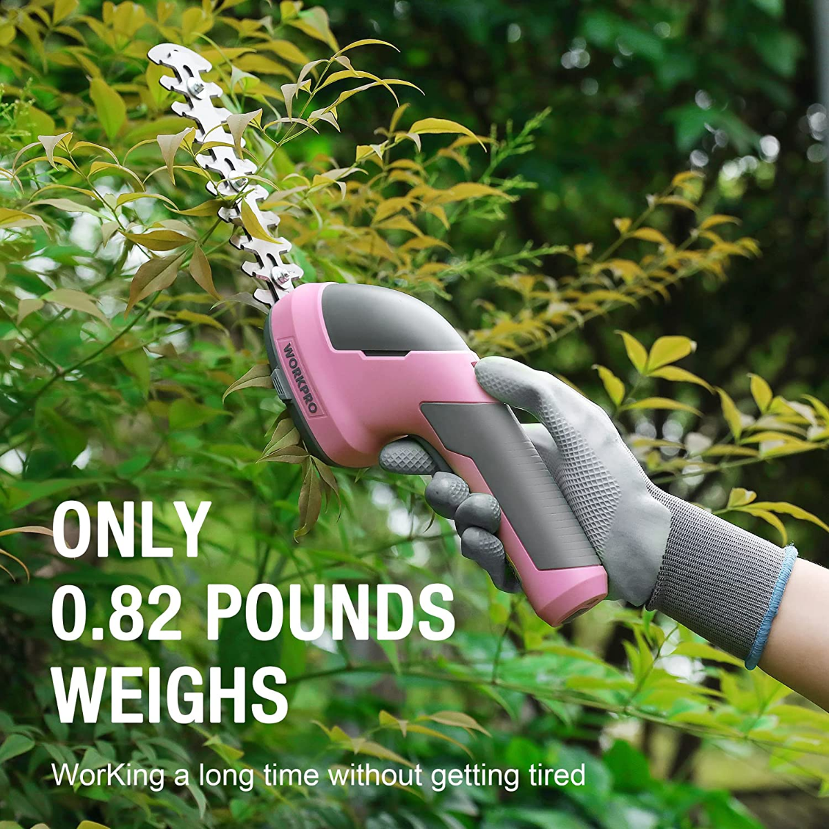 Pink handheld cordless hedge trimmer with safety grip and dual cutting blades