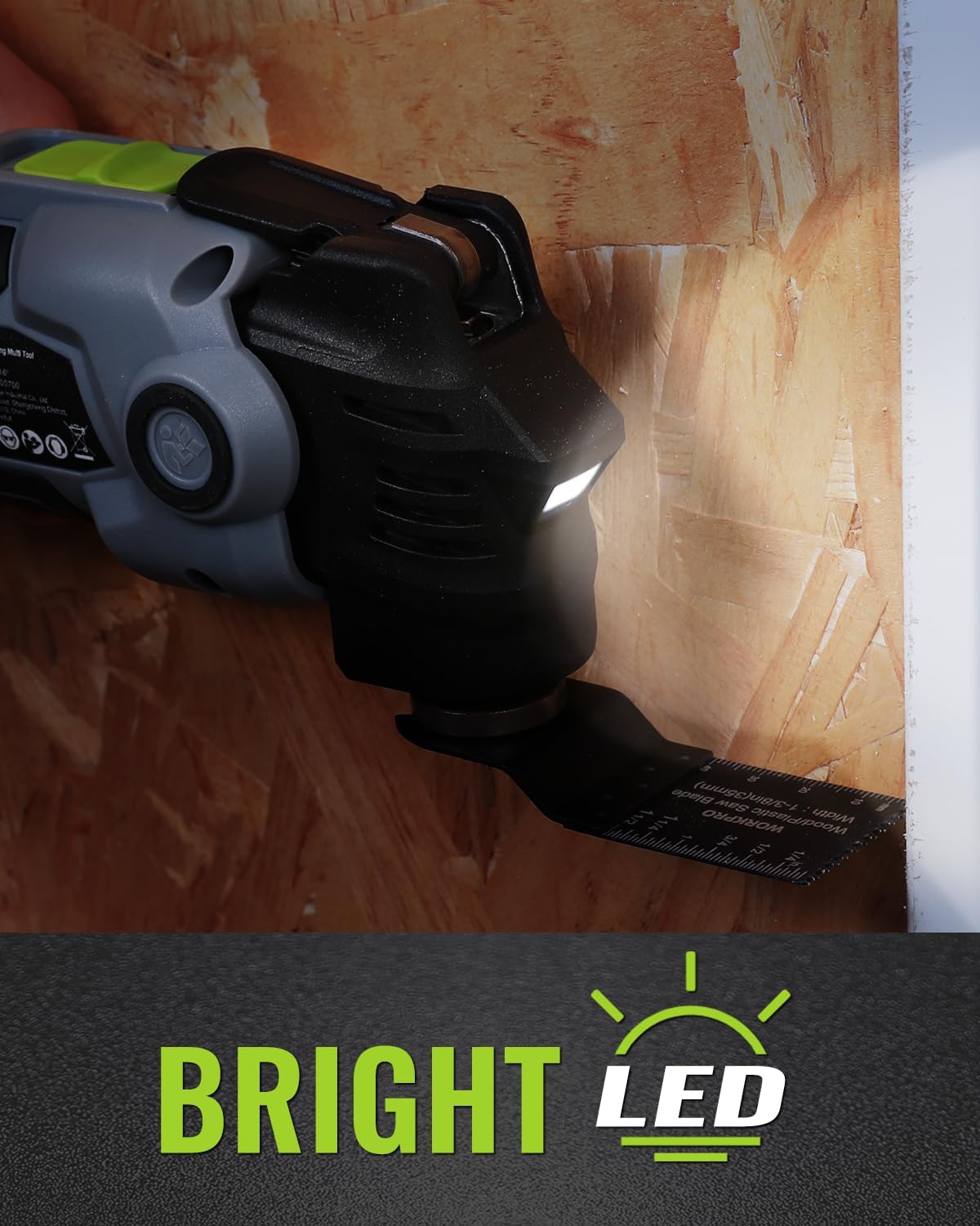 Oscillating multi tool with bright LED light shining on the blade cutting area