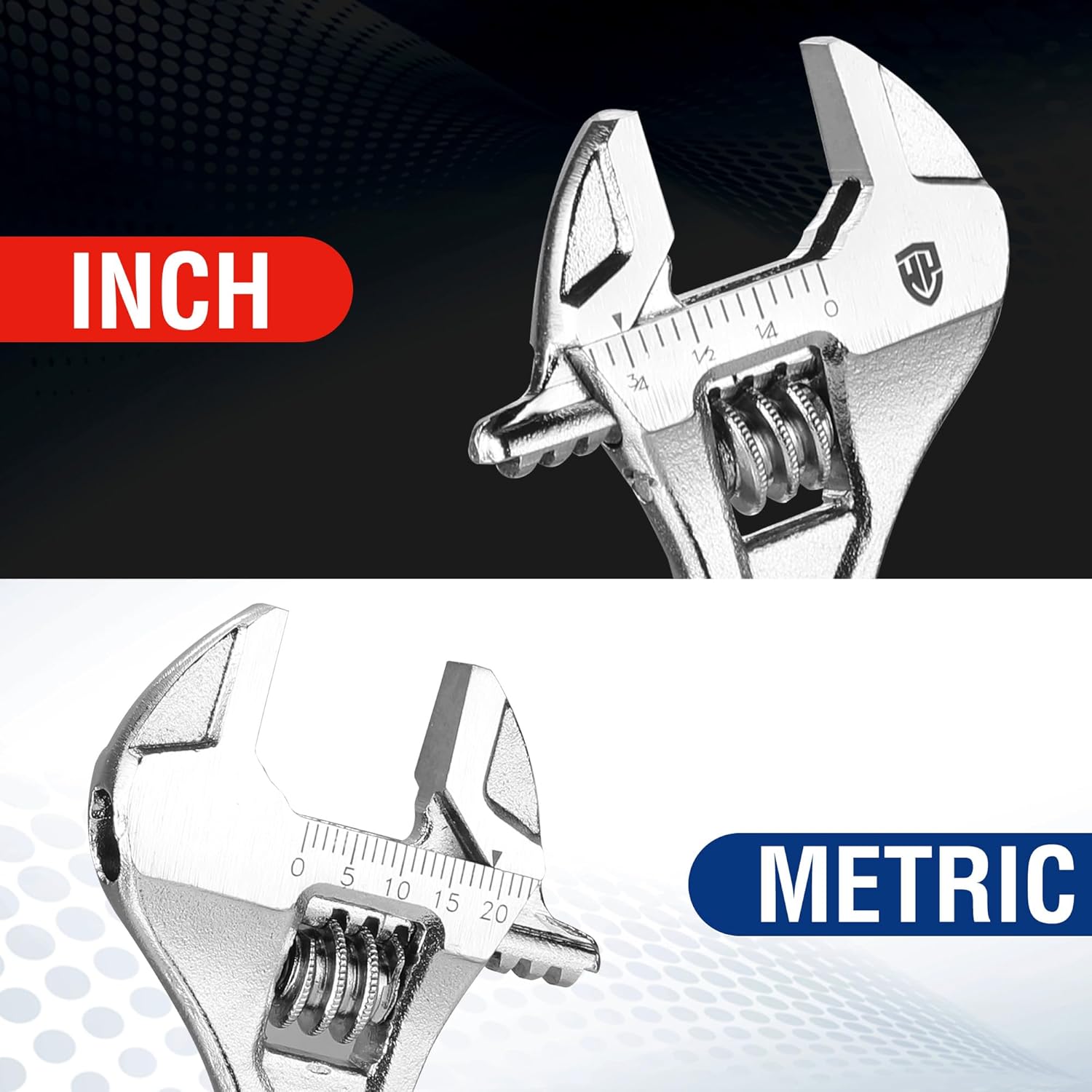 Adjustable wrench showing inch and metric measurement marks on the jaw.