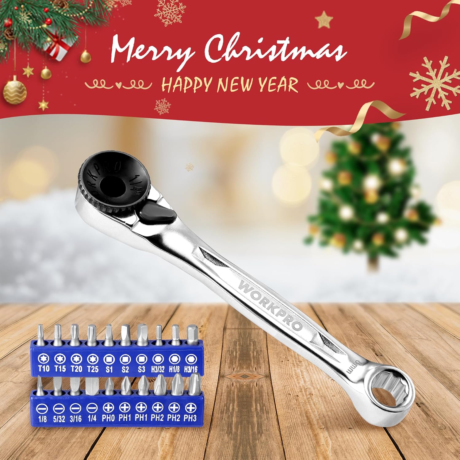 Mini ratcheting screwdriver wrench with bit set and 8mm 12-point box end