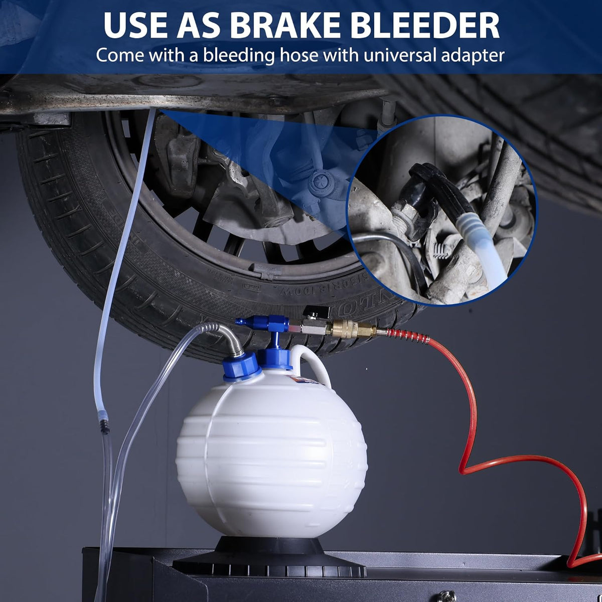 White oil extractor pump with brake bleeding adapter and red service hose