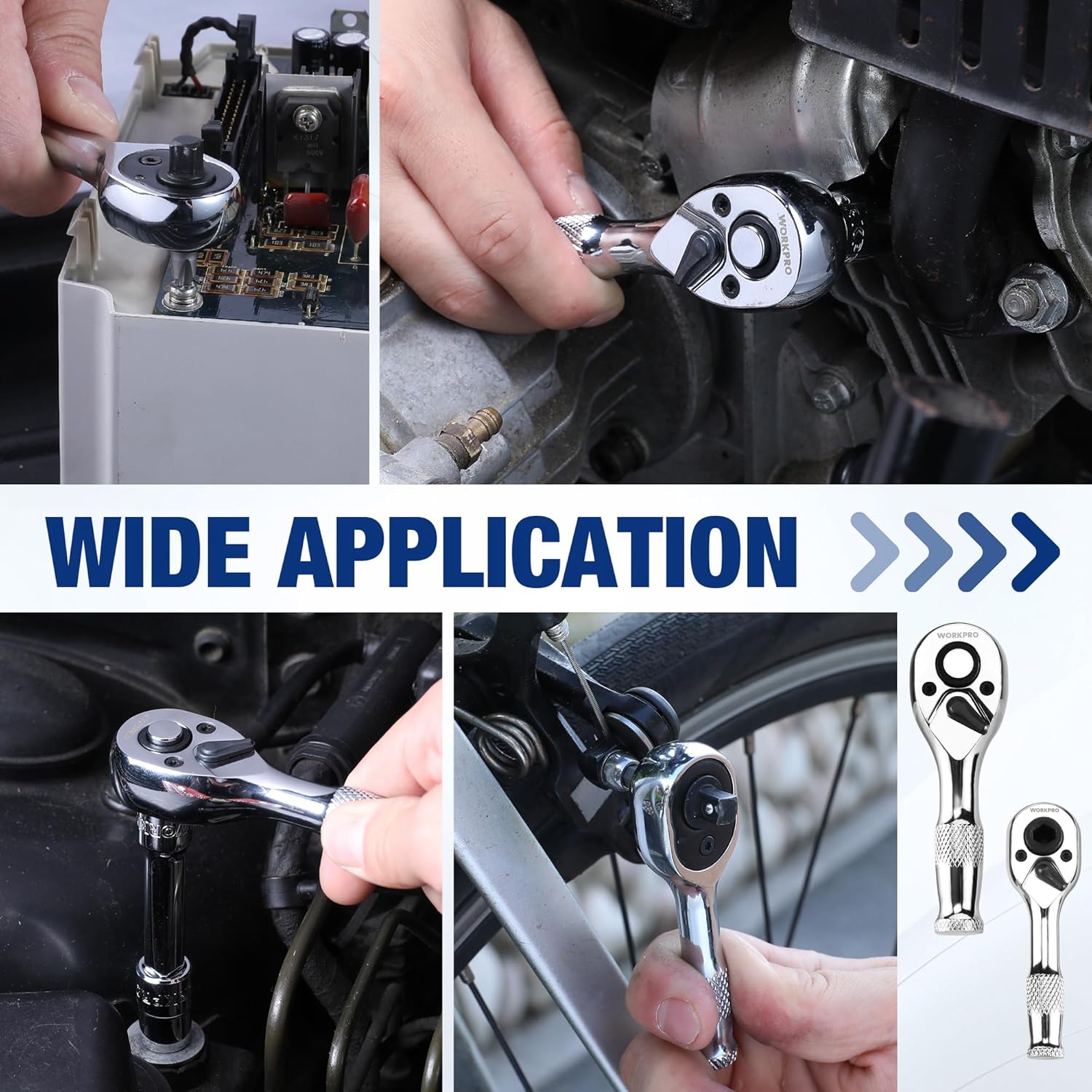 Chrome stubby ratchet driver being used to fit a socket on a vehicle engine component