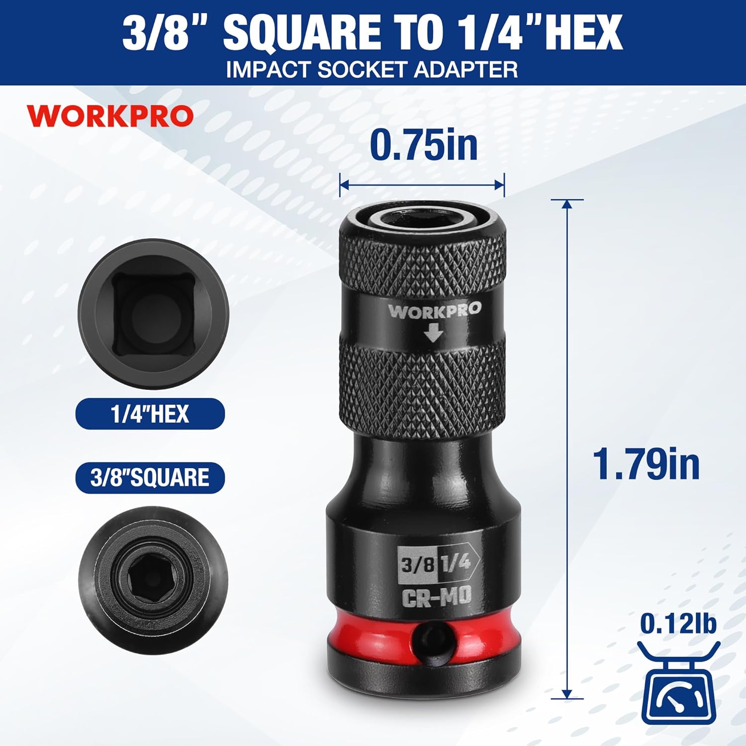 Impact socket adapter, 3/8-in square to 1/4-in hex, black knurled body with red ring
