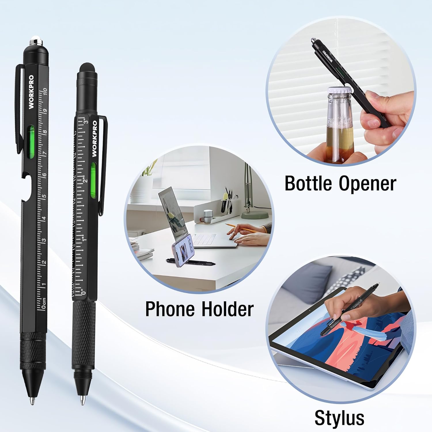 Black multi-tool pens with built-in bottle opener, phone holder, and stylus tips