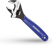 WORKPRO 8-inch adjustable wrench with wide jaw, blue ergonomic handle, black finish