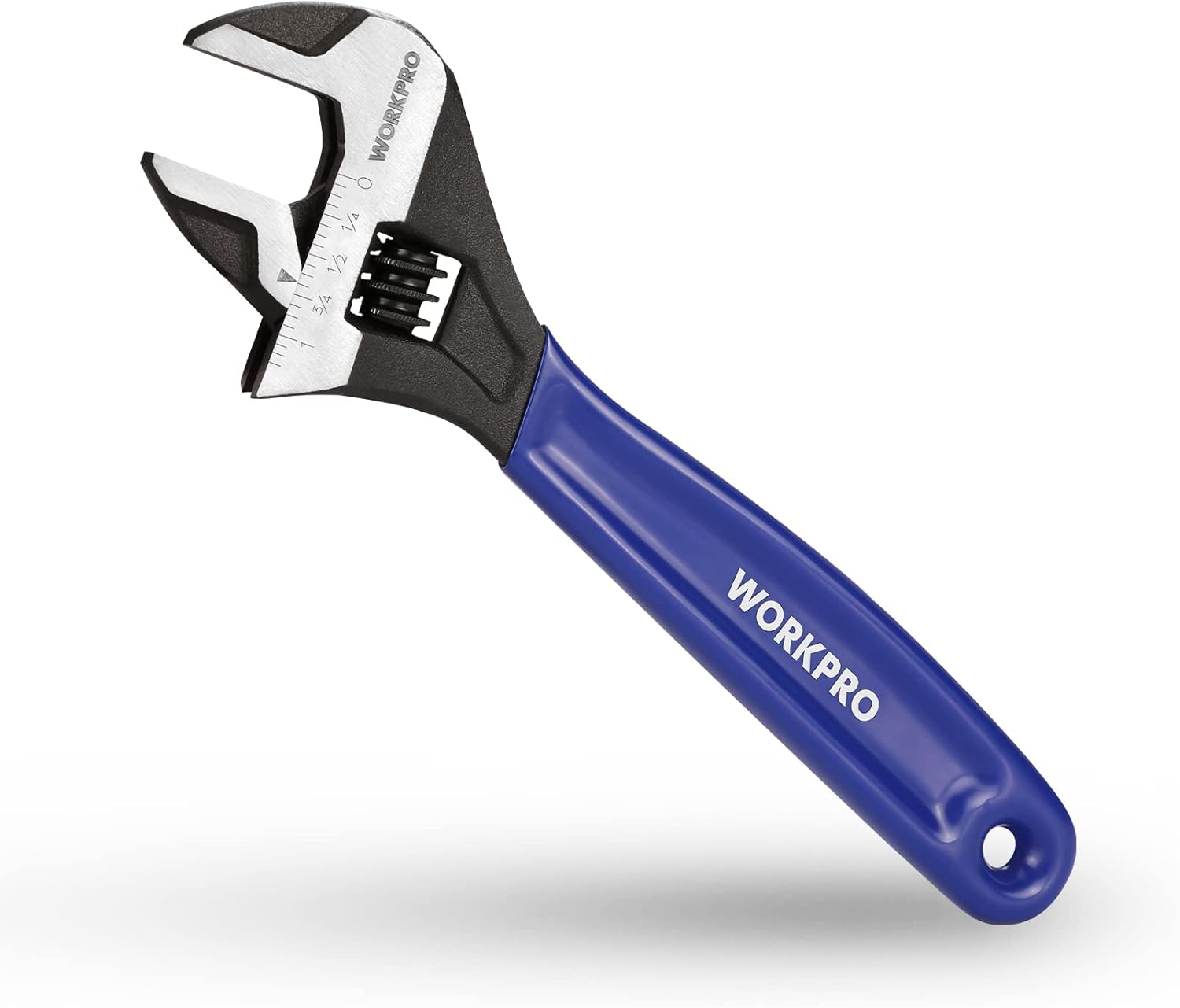 WORKPRO 8-inch adjustable wrench with wide jaw, blue ergonomic handle, black finish