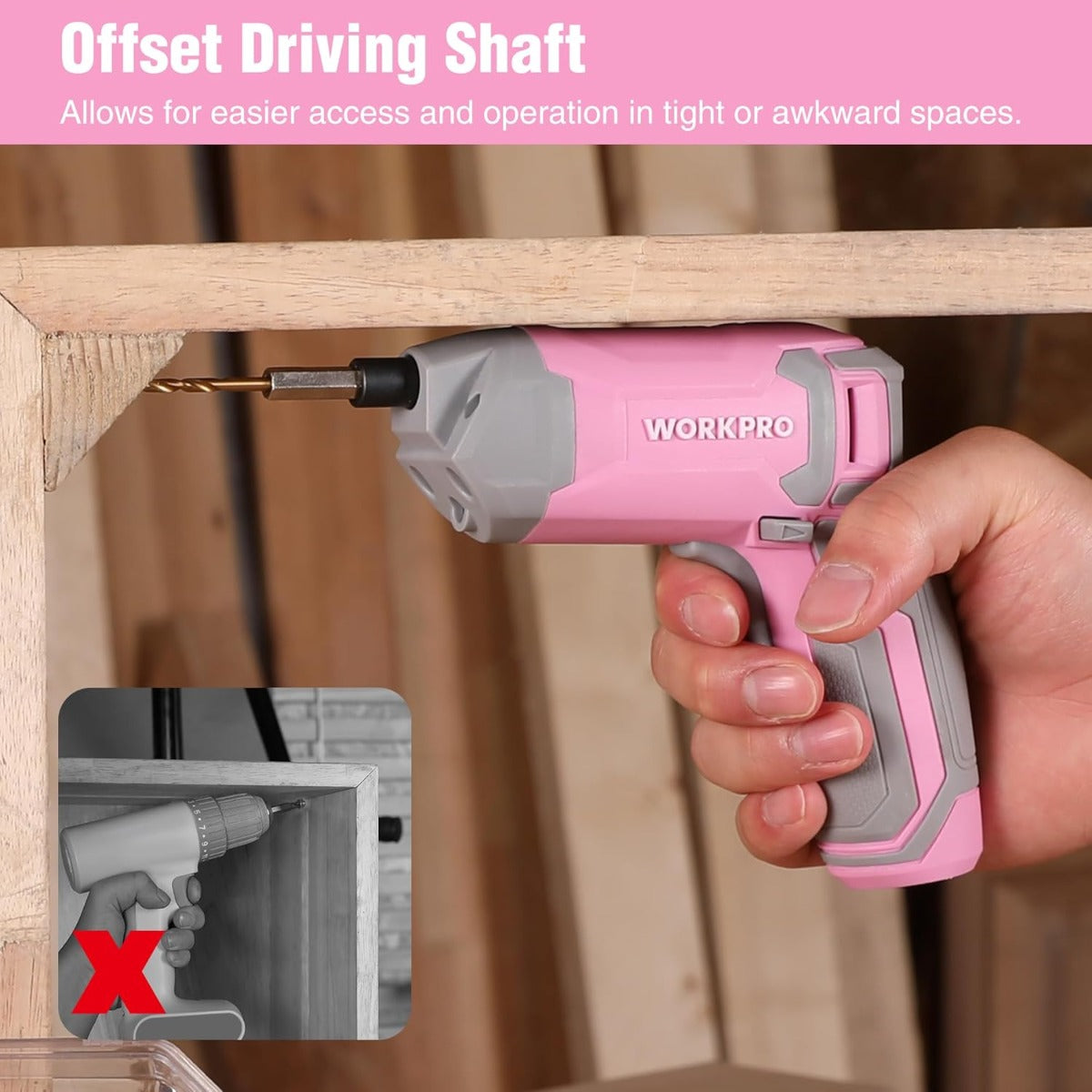 Pink offset cordless screwdriver with bit installed for driving in tight spaces