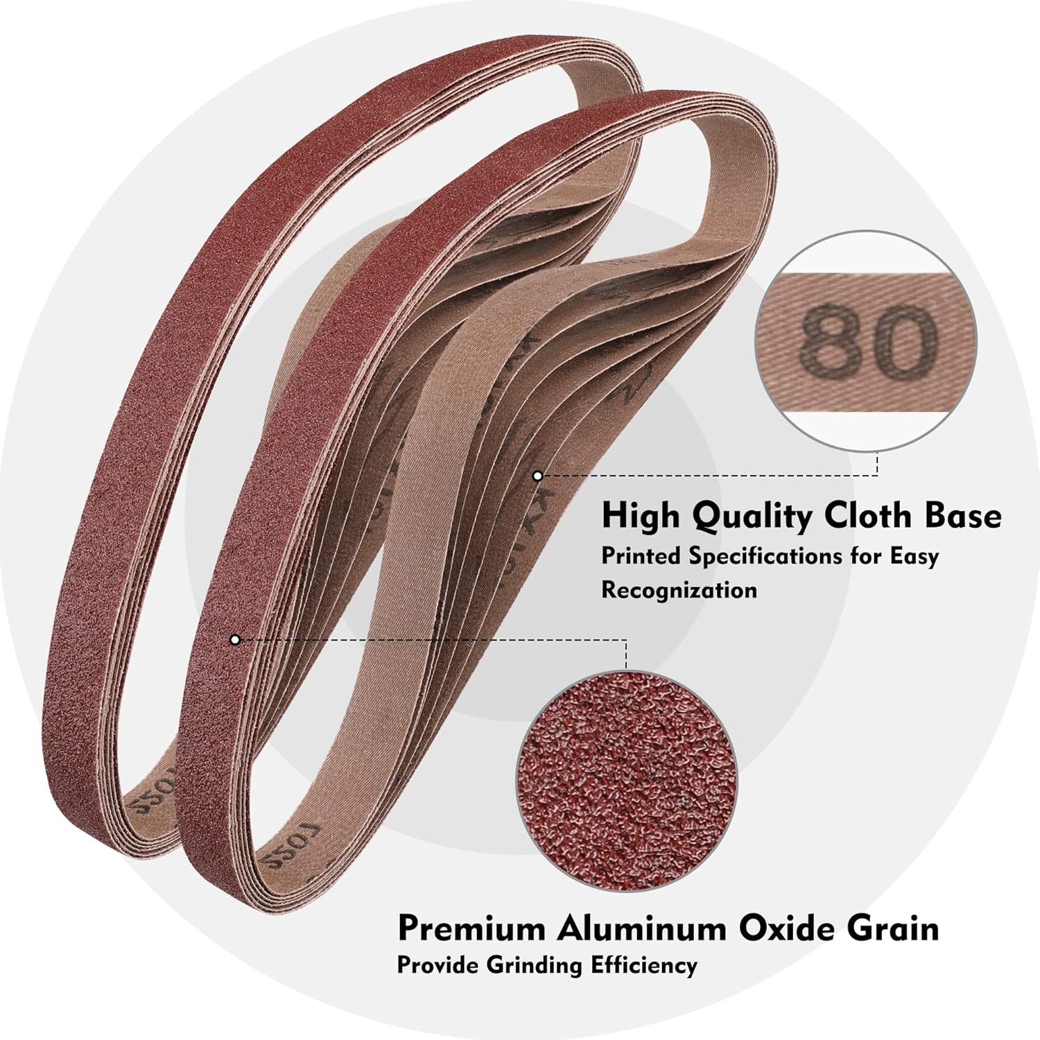 Maroon aluminum oxide sanding belts with 80 grit marking and cloth backing