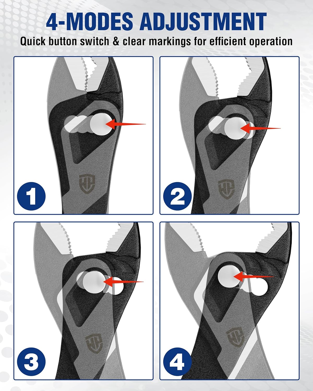 4-mode adjustable slip-joint pliers showing different jaw positions