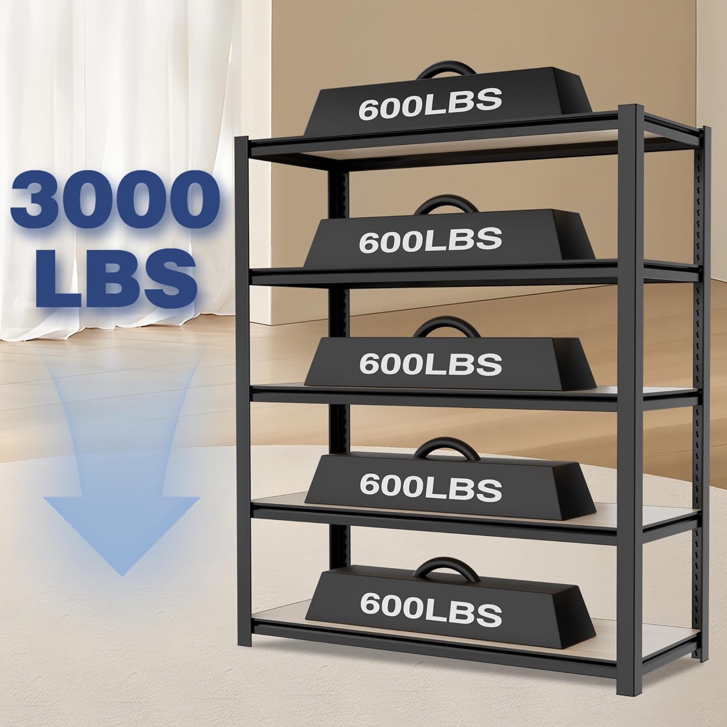 Black metal storage rack with five shelves and reinforced supports for heavy loads