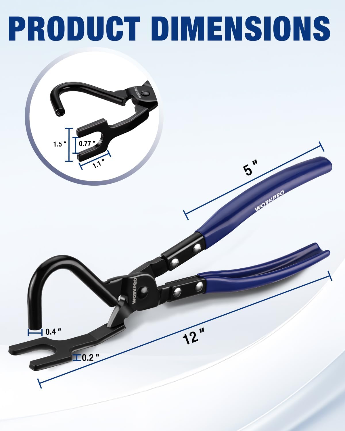 Blue-and-black exhaust hanger pliers with curved hook jaw and wide clamping arms