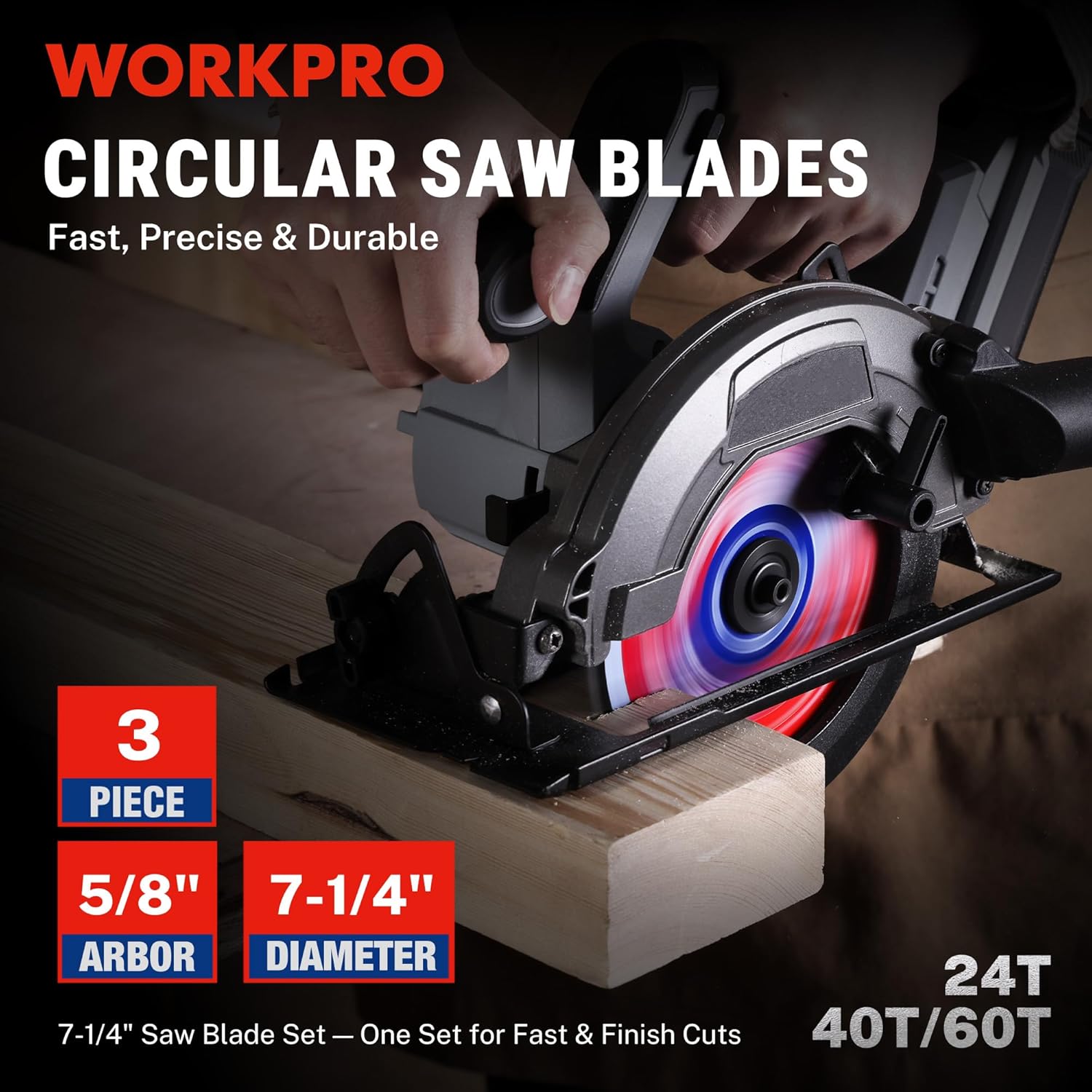 Circular saw with 7-1/4 in red/gray carbide-tipped circular blades, 3-piece set