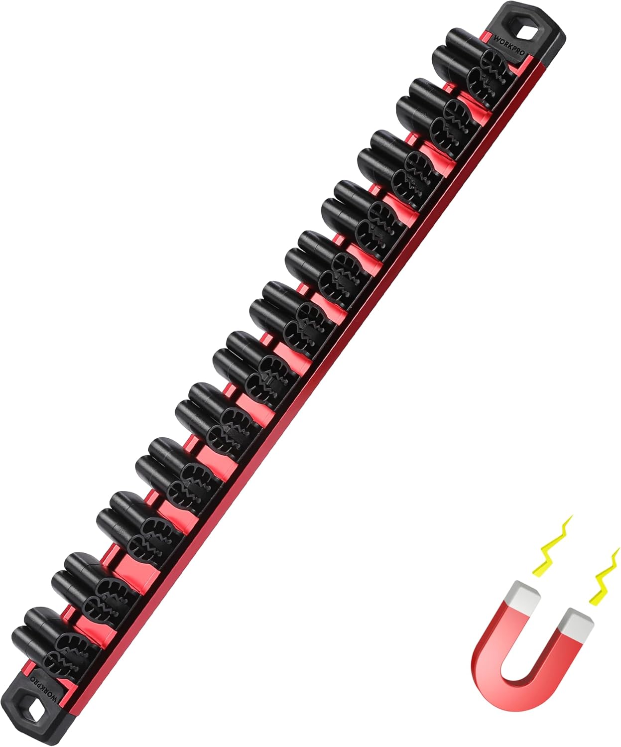 Red-and-black aluminum rail tool holder with 12 moveable clip slots for screwdrivers and wrenches.
