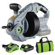 WORKPRO 20V electric drain auger set with battery, charger, and green carry bag