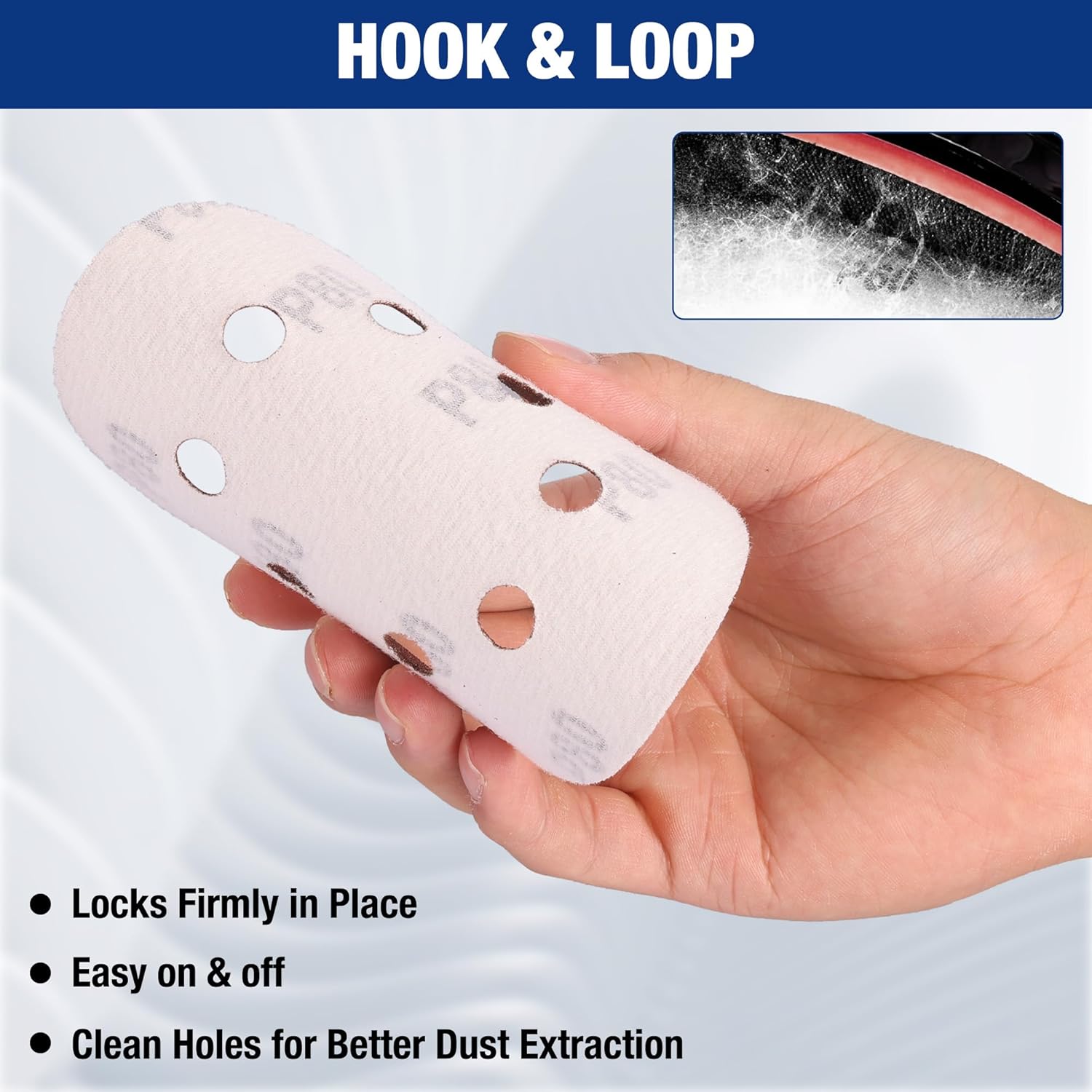 Light pink 8-hole hook-and-loop sanding disc held in hand