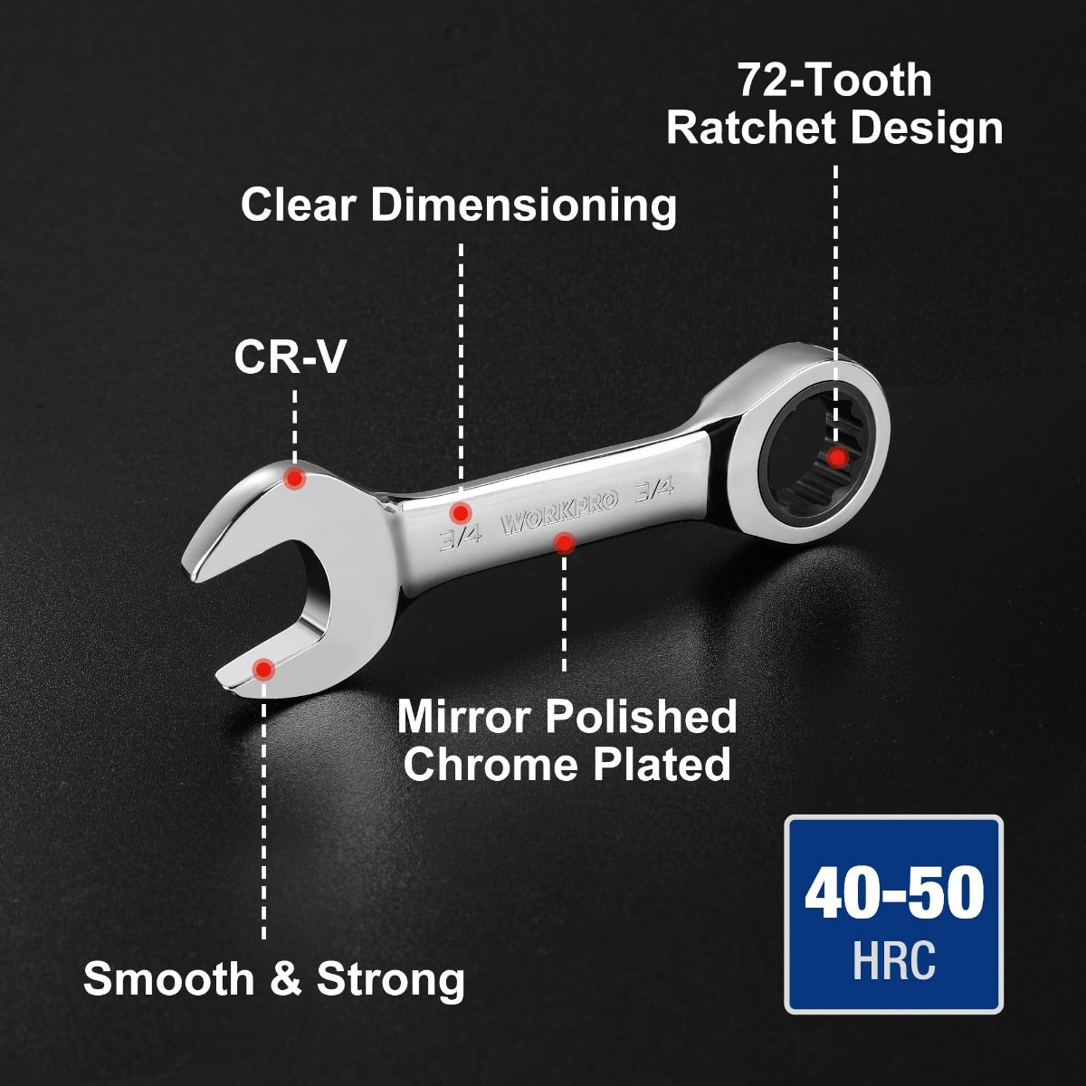 Ratcheting stubby combination wrench showing 72-tooth box-end and smooth chrome finish