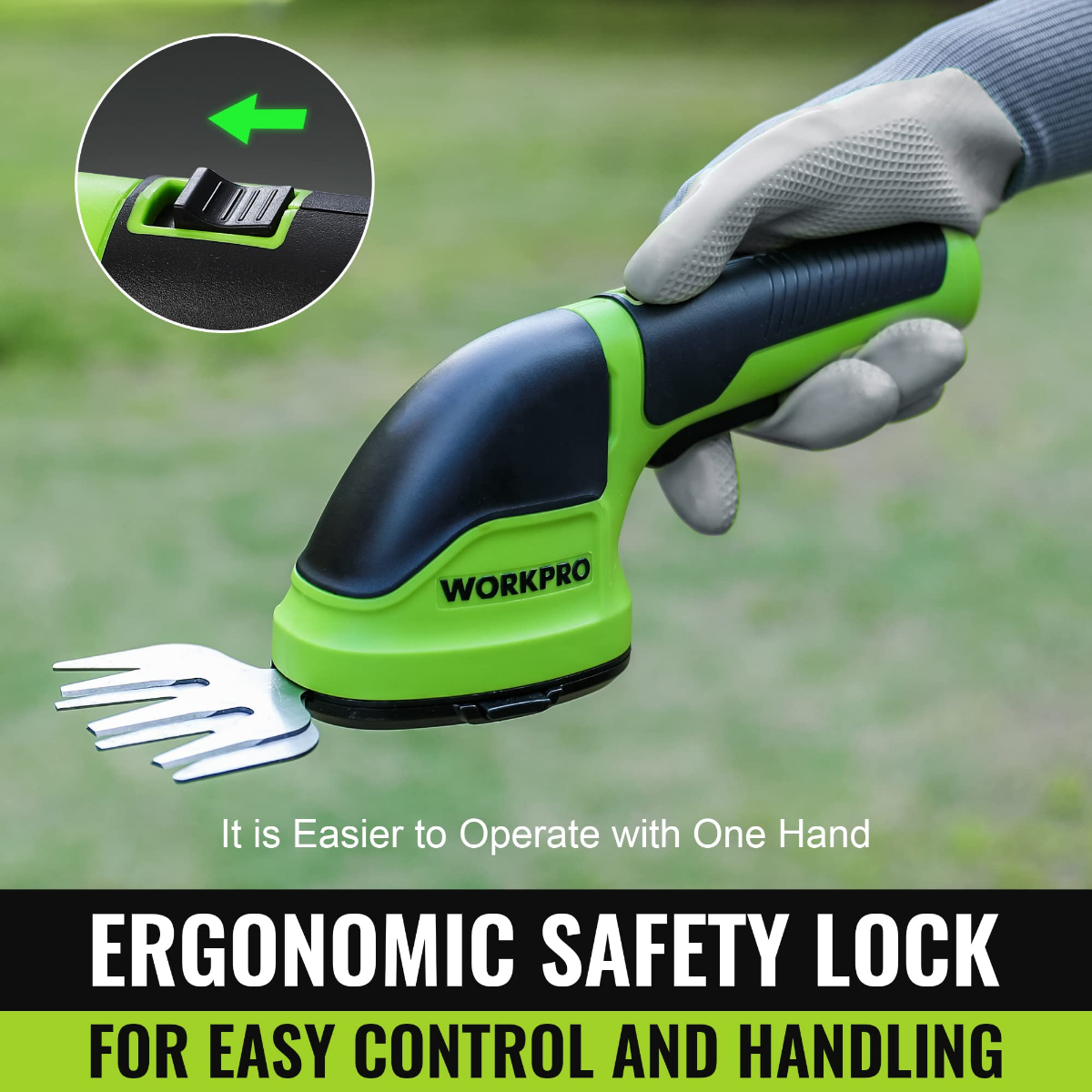 Cordless 2-in-1 shrub and grass trimmer with one-hand ergonomics and safety lock