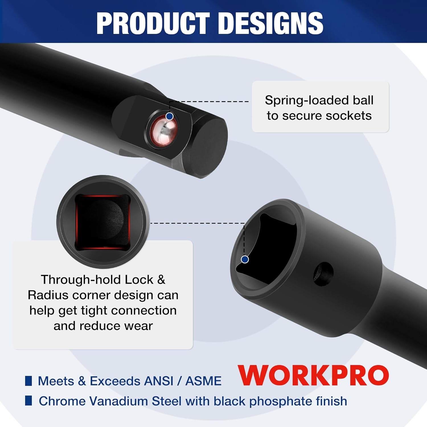 Socket extension bar with spring-loaded ball locking tip and through-hole lock design