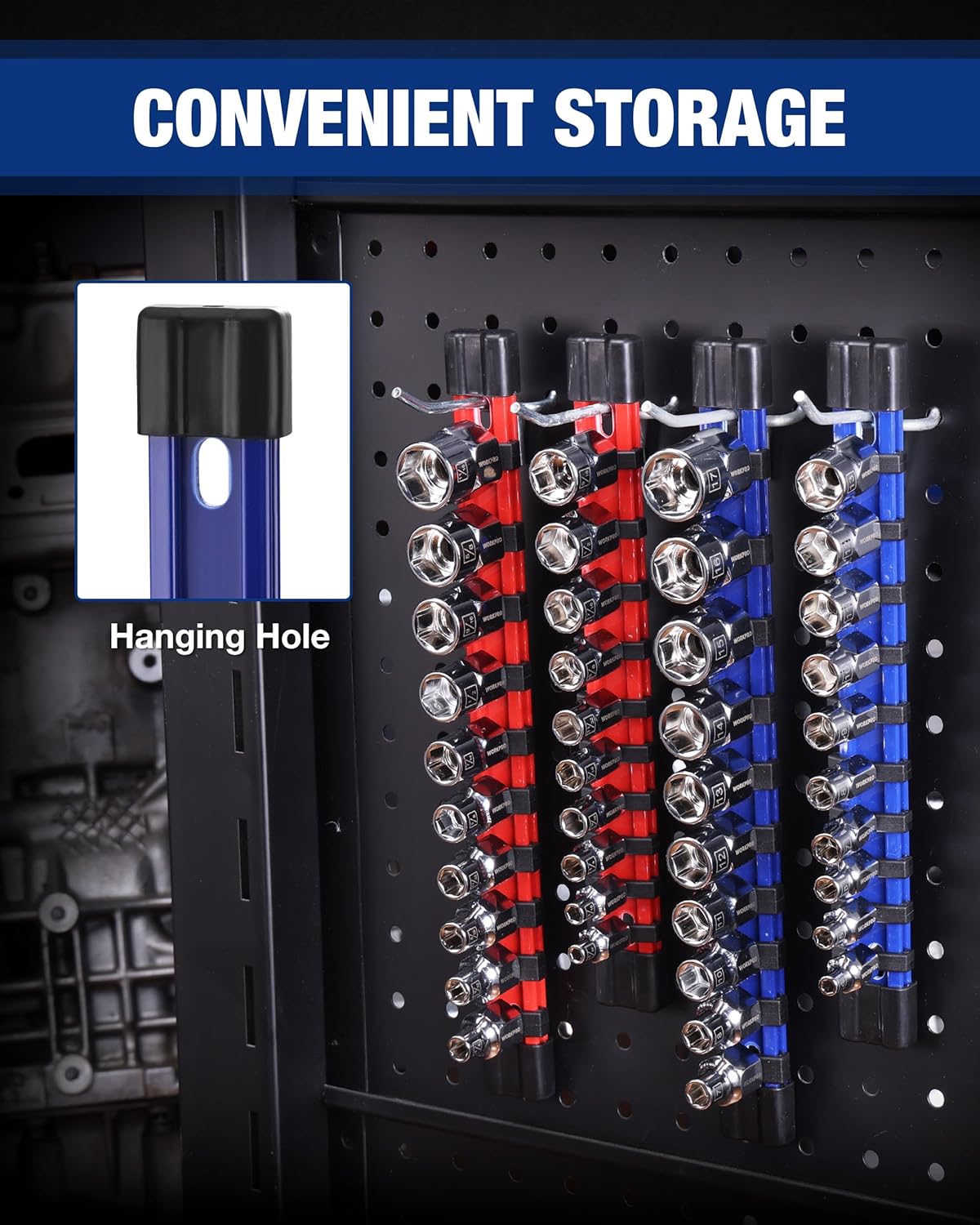 Socket organizer rail with hanging hole and multiple metric sockets arranged in rows