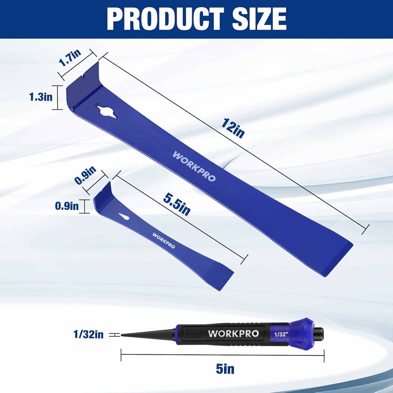 Blue pry bar and nail setter tools shown with product size measurements