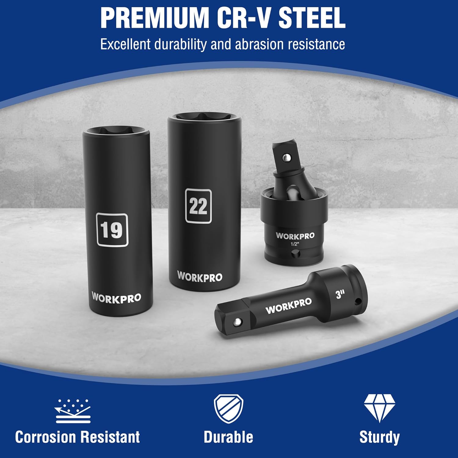 WORKPRO CR-V deep impact sockets with adapter and extension bar, 1/2 in drive