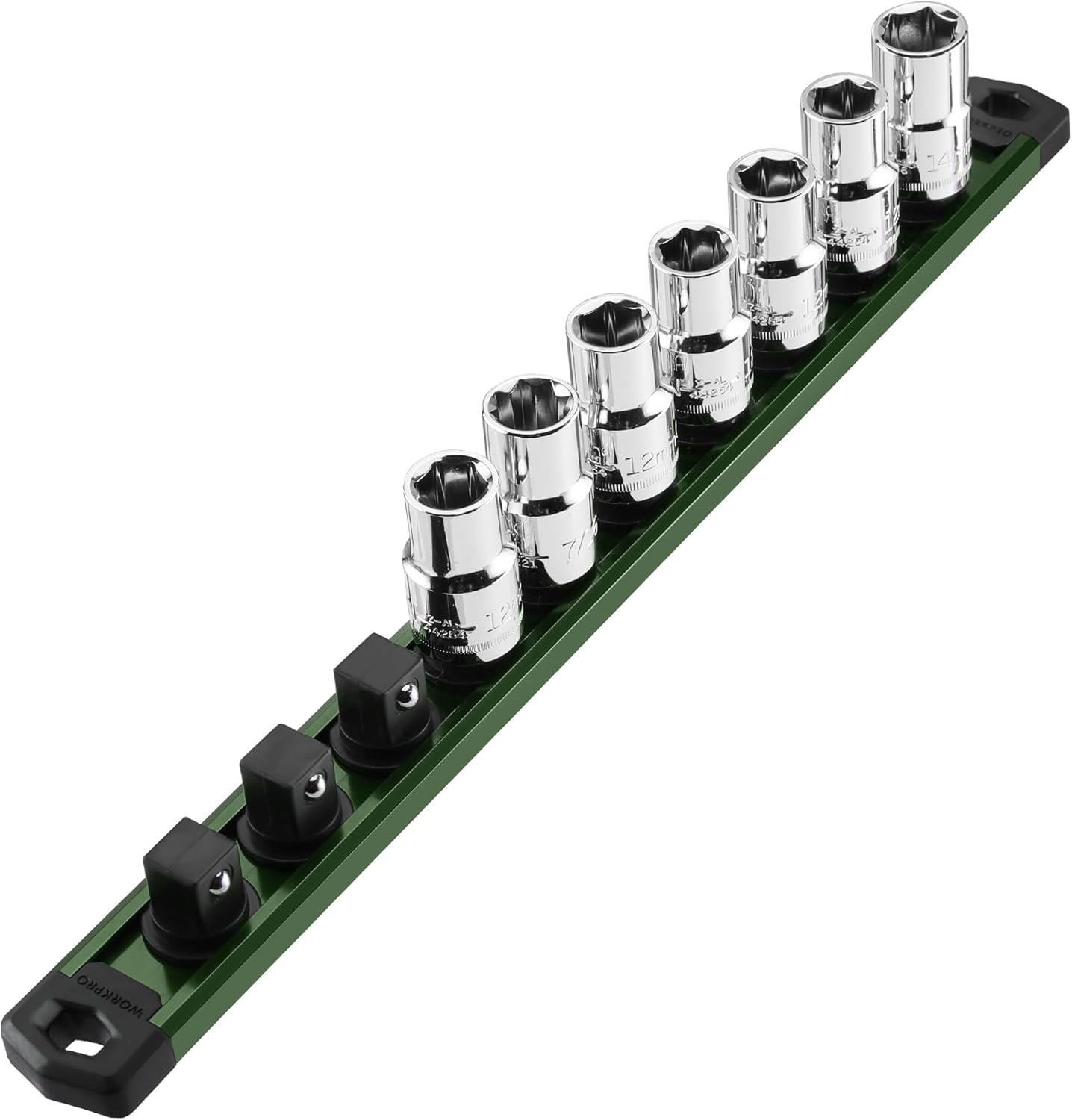 Green magnetic socket organizer rail with black base clips and chrome sockets