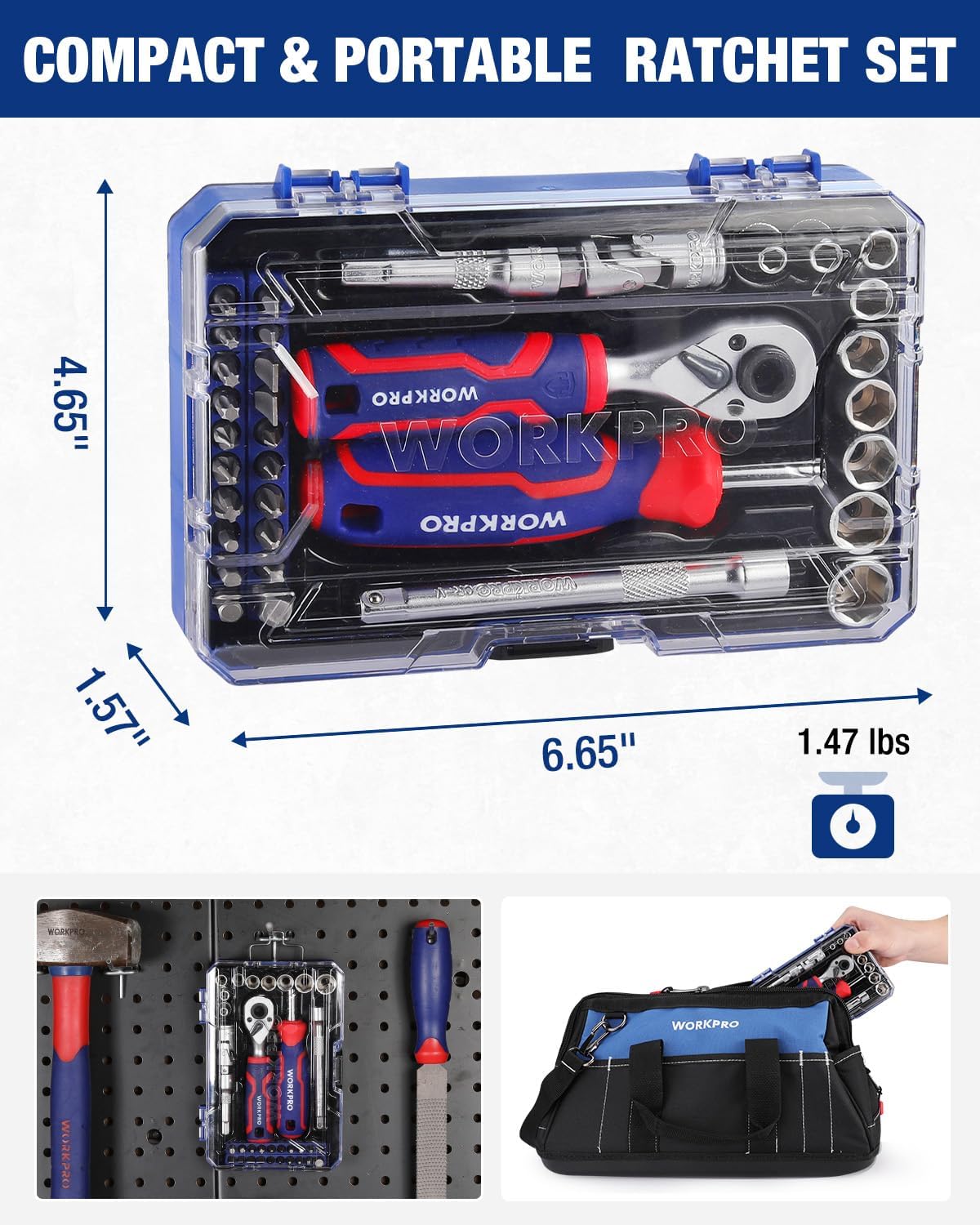 Compact portable ratchet set in clear case with sockets and red-and-blue handles