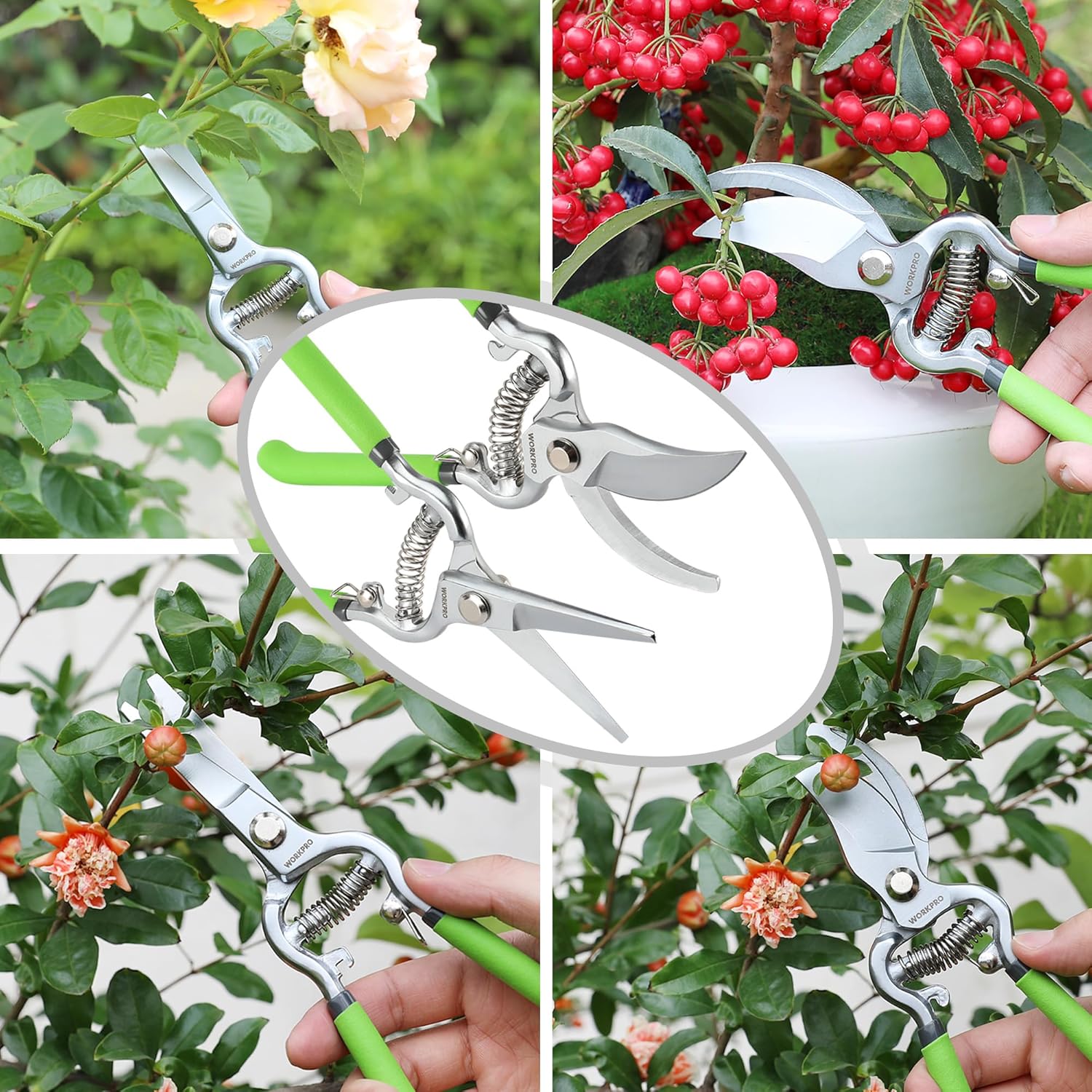 Green-handled pruning shears on plant stems, showing silver bypass blades