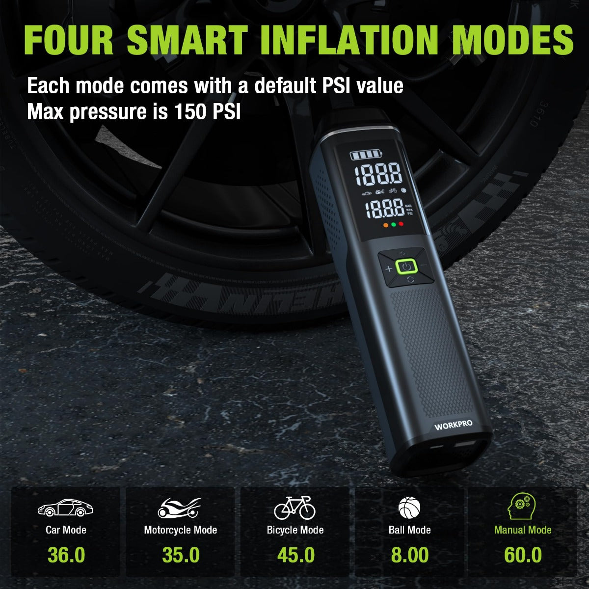 Portable tire inflator air compressor with screen showing smart inflation modes