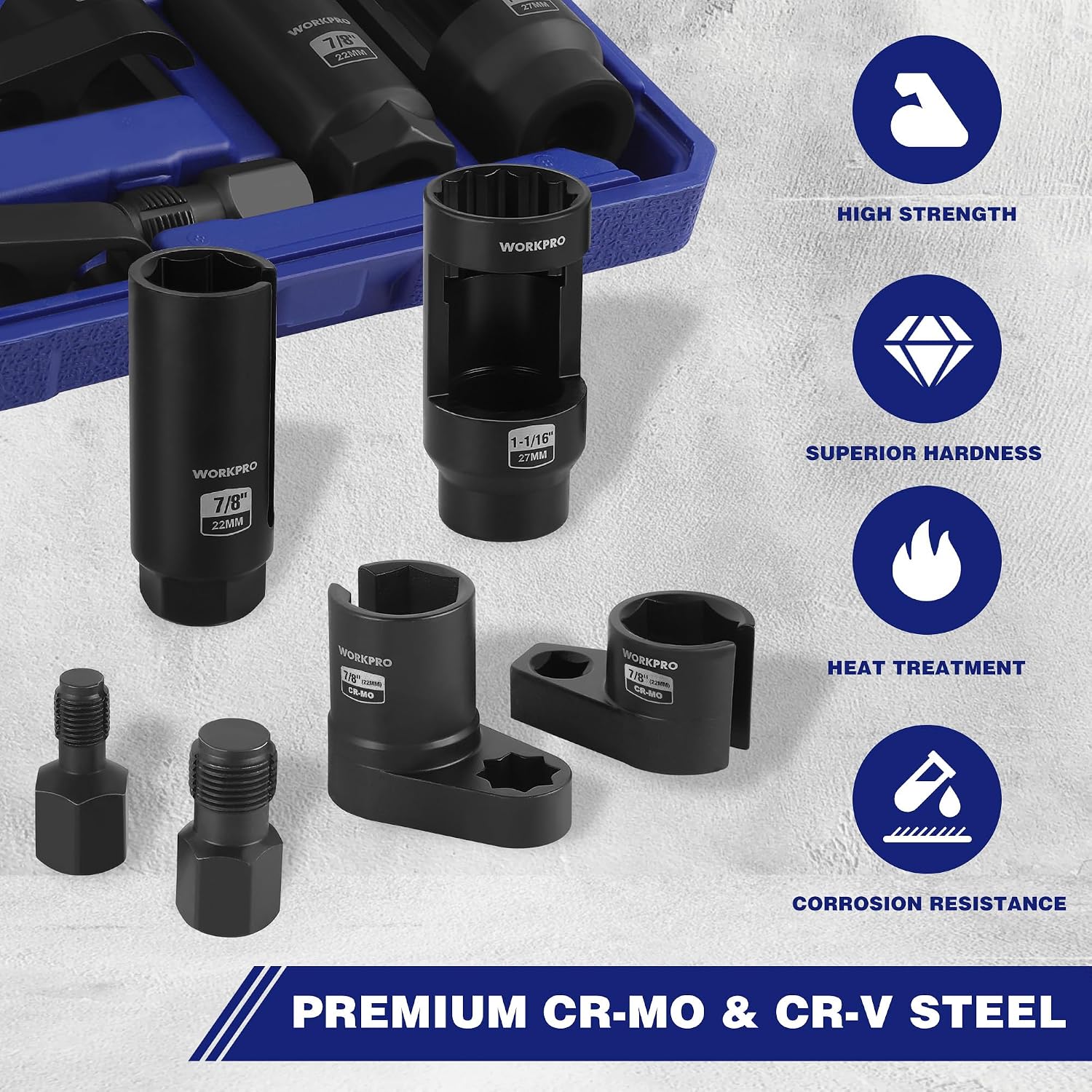 Premium oxygen sensor socket set with multiple black sockets in blue organizer