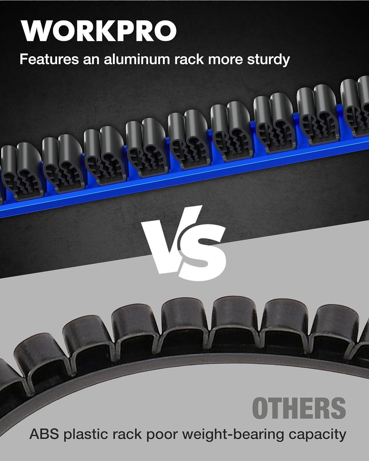 Blue magnetic tool rack with black holders, shown compared against lighter ABS racks