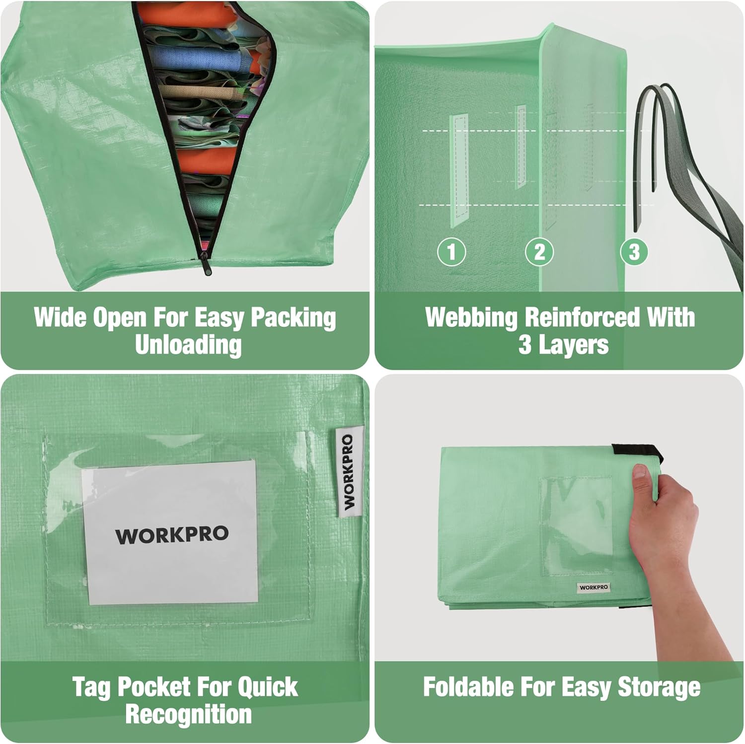 Green moving bag with wide-open zipper, stitched reinforcement, tag pocket