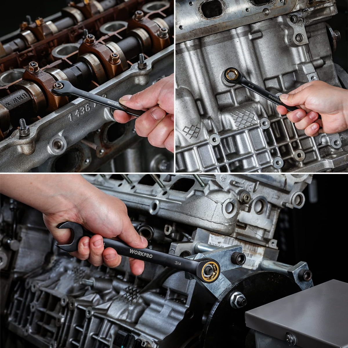Black ratcheting combination wrench being used on engine components
