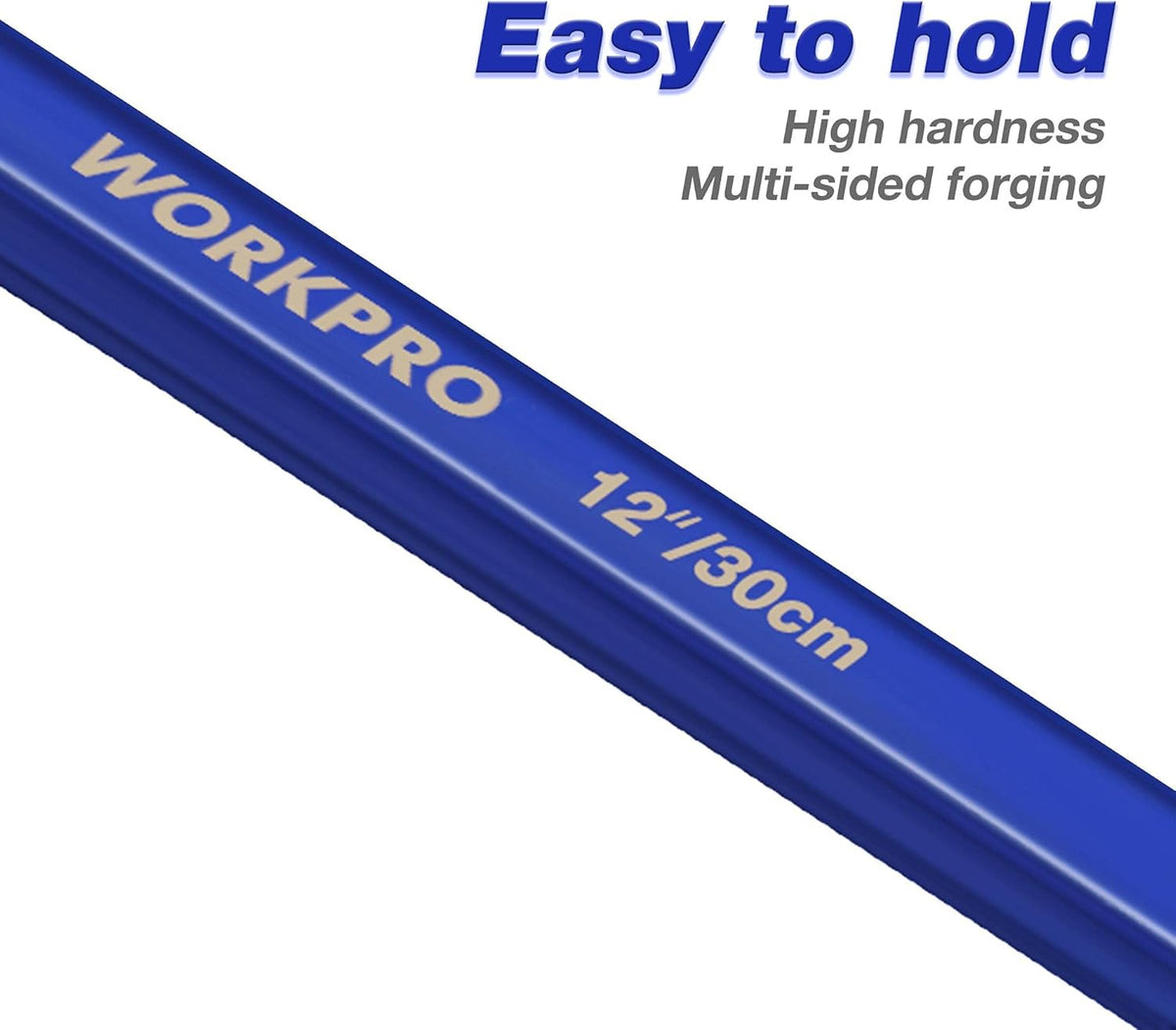 WORKPRO blue pry bar with steel jaw end and printed length markings
