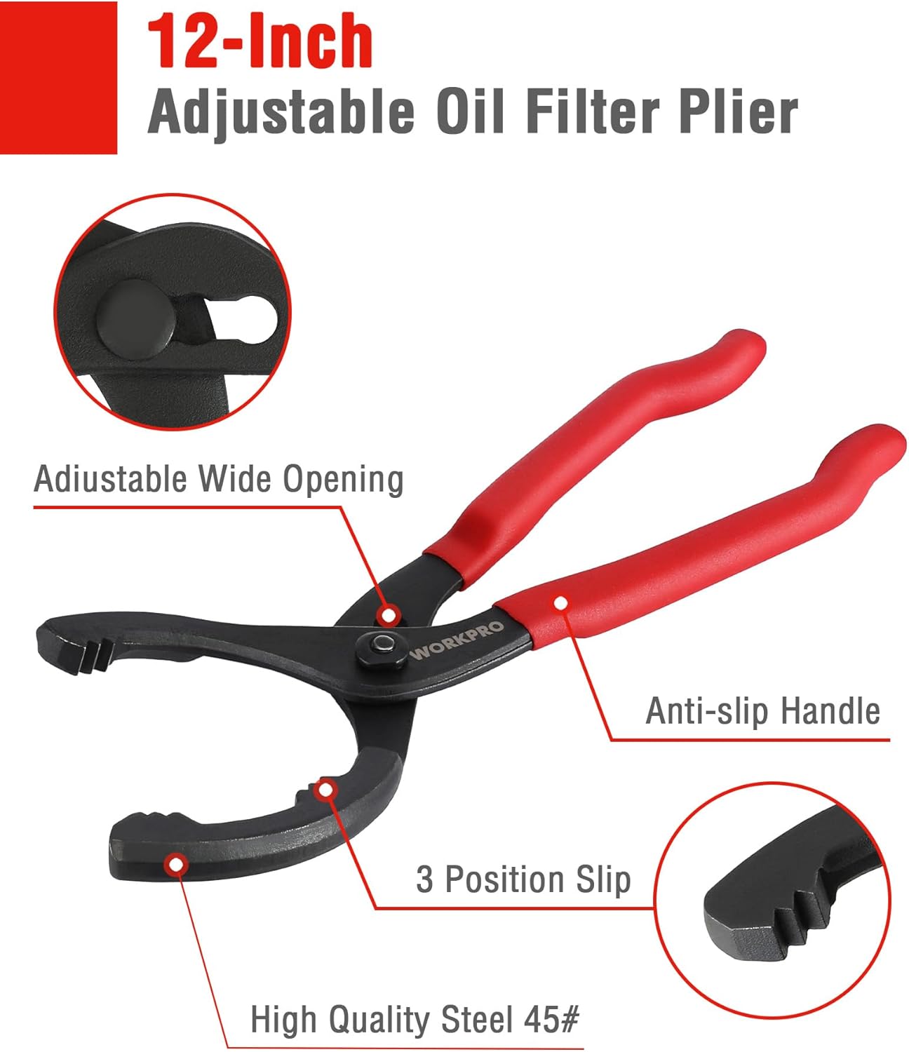 12-inch adjustable oil filter plier with wide opening and anti-slip red handle grips