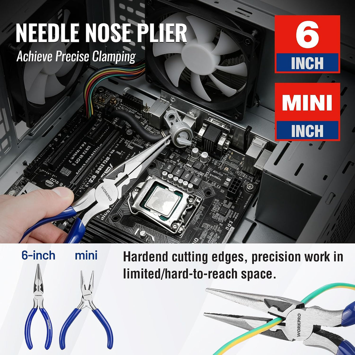 Workpro seven-piece pliers set with blue handles and needle nose jaws, featuring hardened cutting edges for precision work