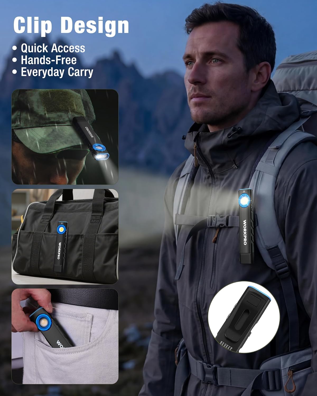 Clip-on rechargeable flashlight for everyday carry, blue LED glowing on dark fabric
