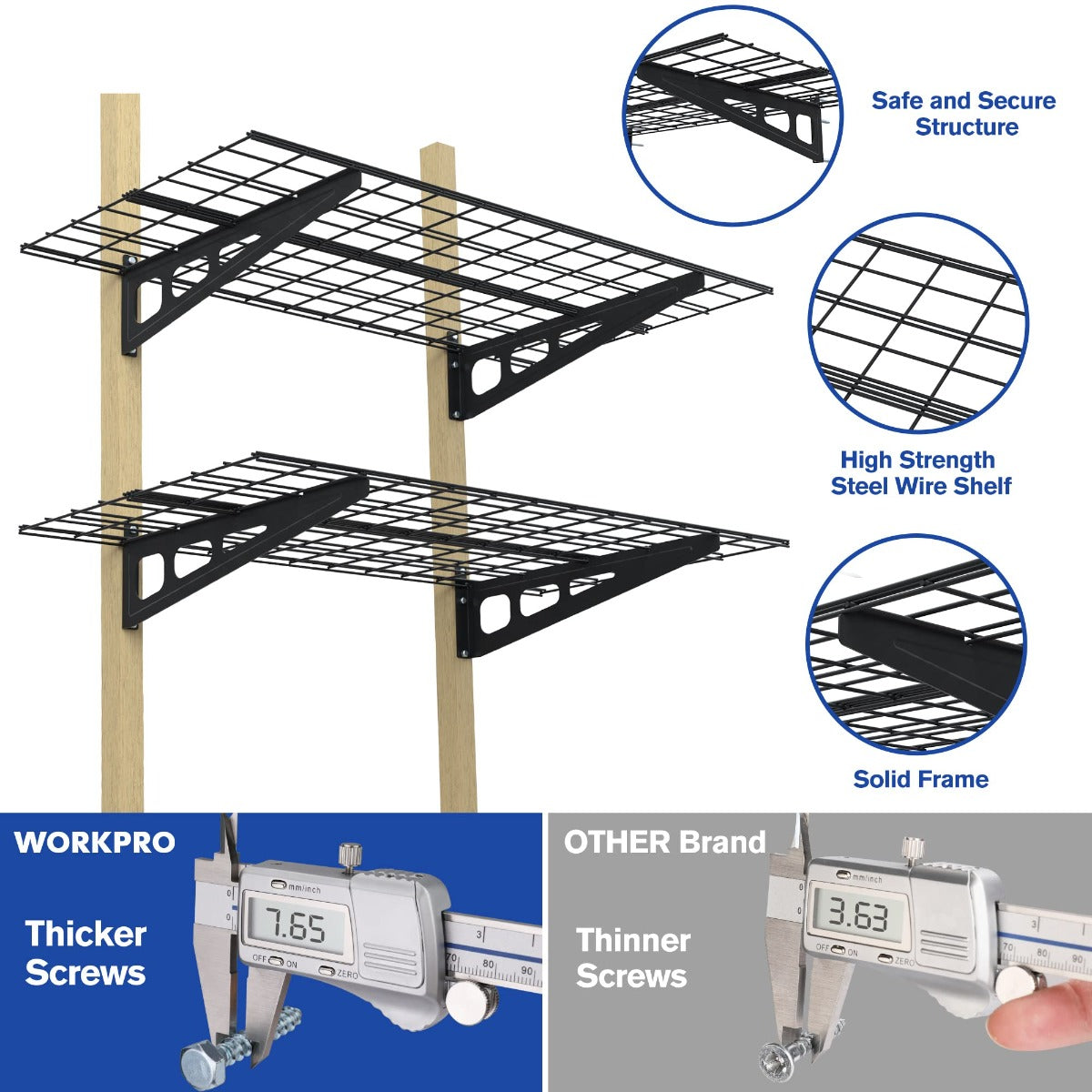 Black wall-mounted wire shelving with two shelves and rectangular steel frames