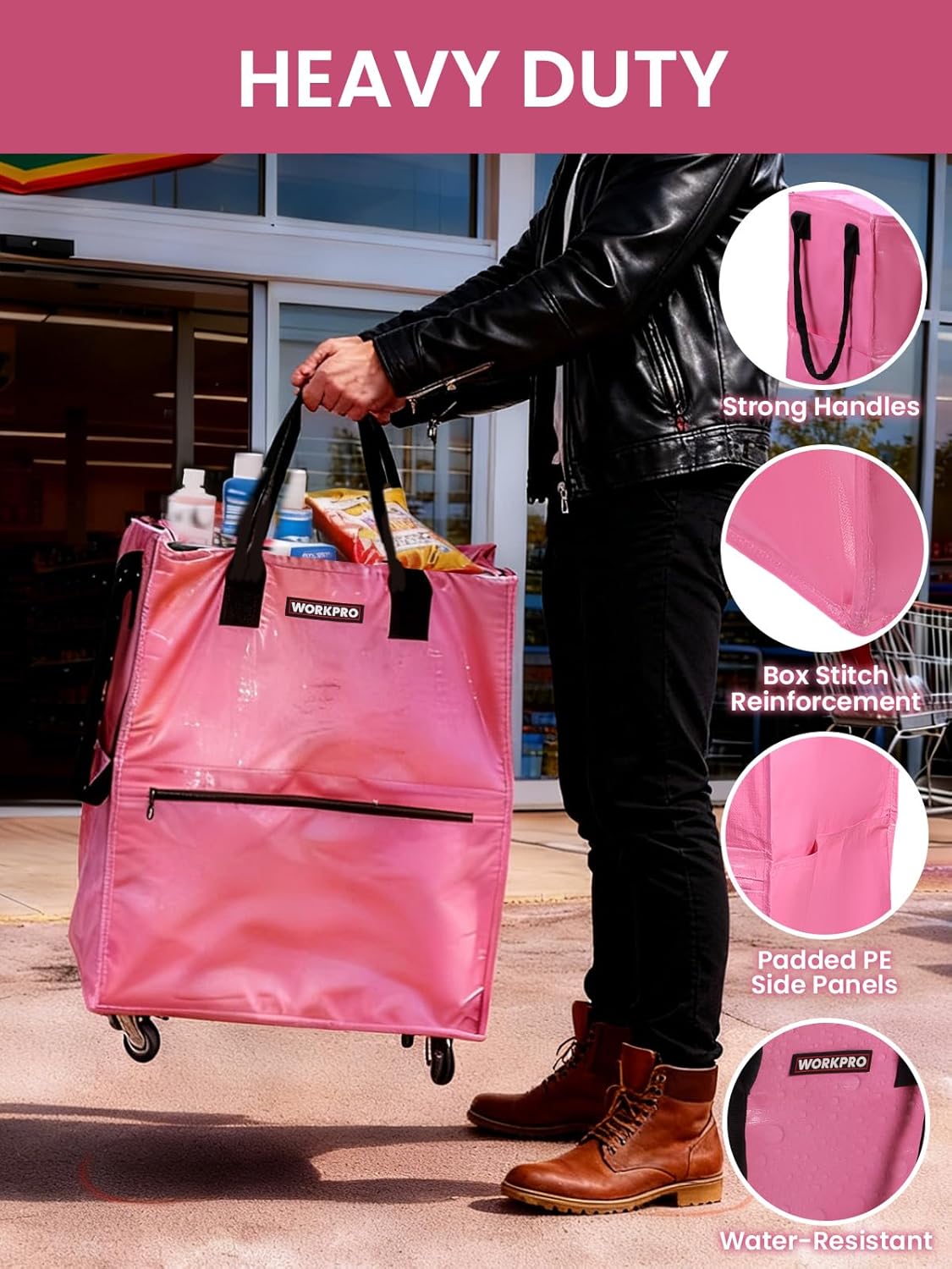 Pink heavy-duty rolling tote with reinforced strong handles and water-resistant fabric
