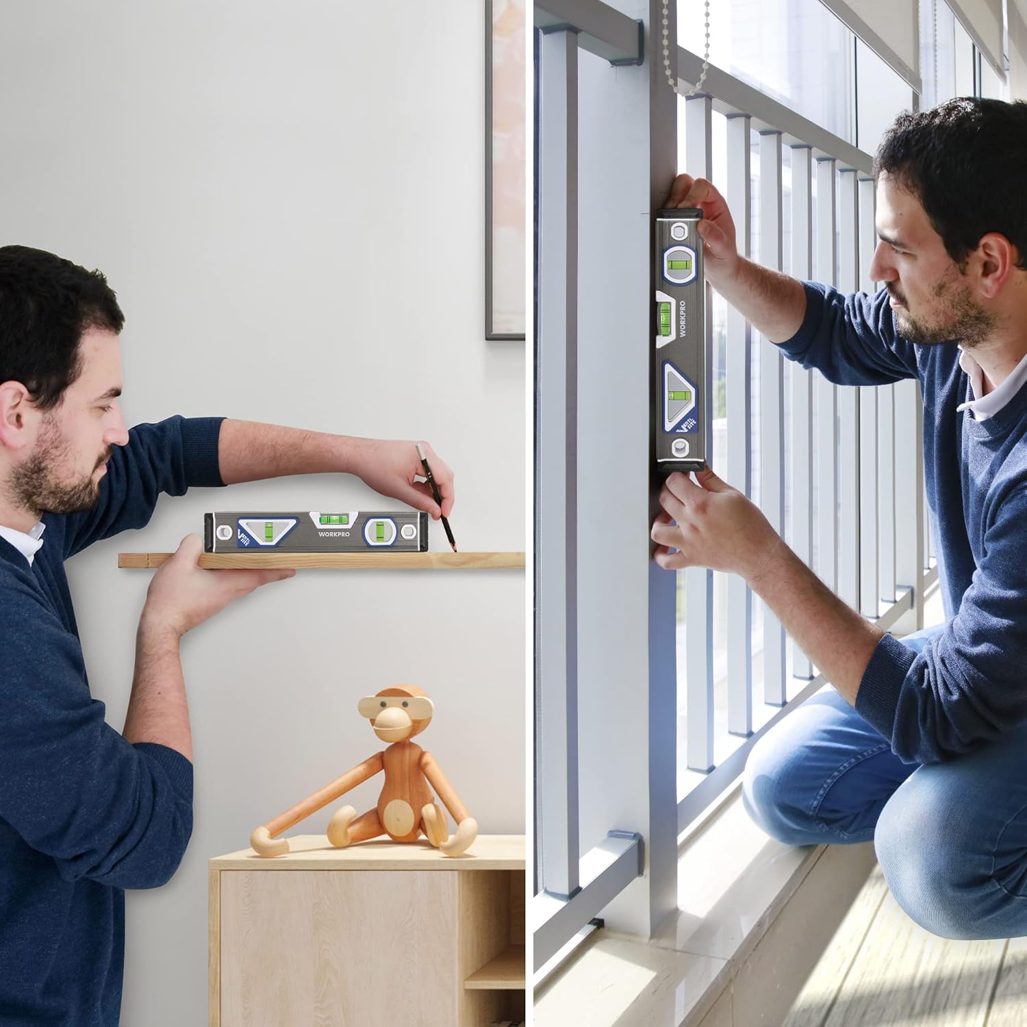 Torpedo level being used to check alignment on a wall-mounted rail