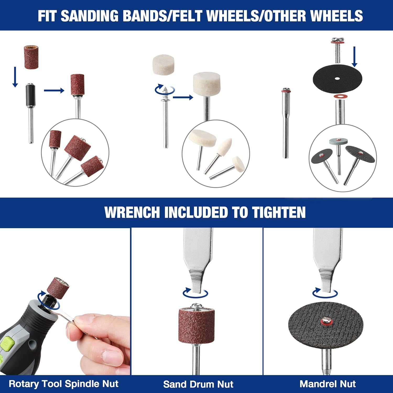Wrench-included rotary tool sanding band and wheel nuts: spindle, drum and mandrel
