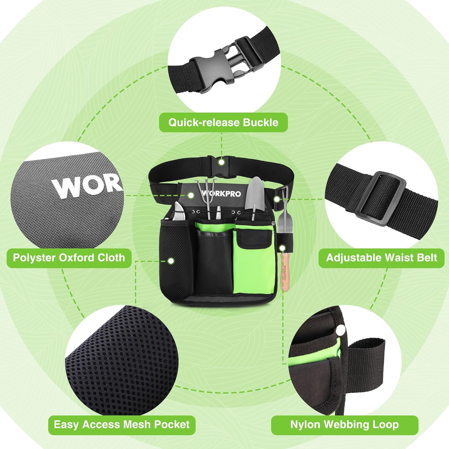 Black and green garden tool pouch with quick-release buckle and several pockets