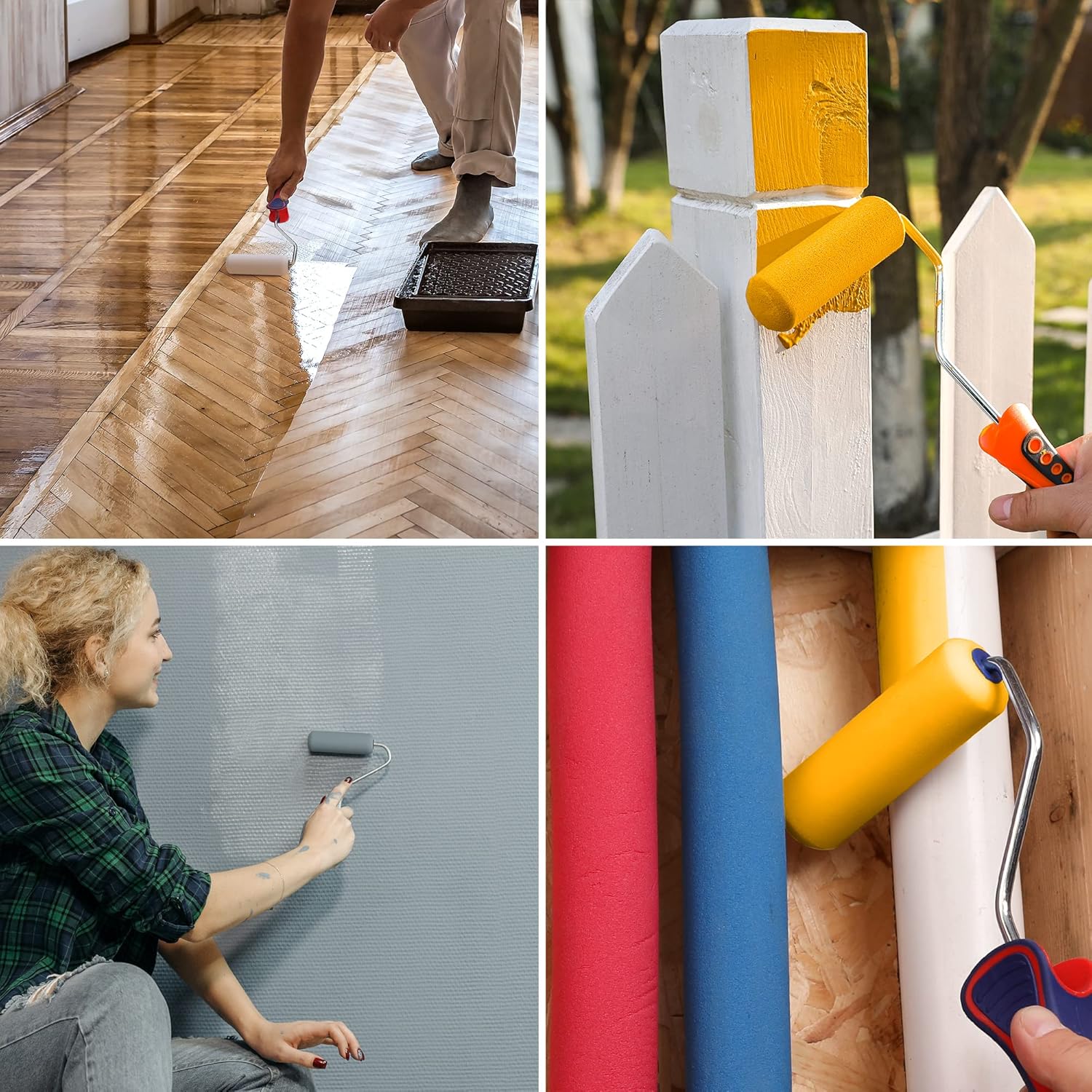 Mini foam paint roller used on surfaces: fence posts, walls, and close-up rolling action