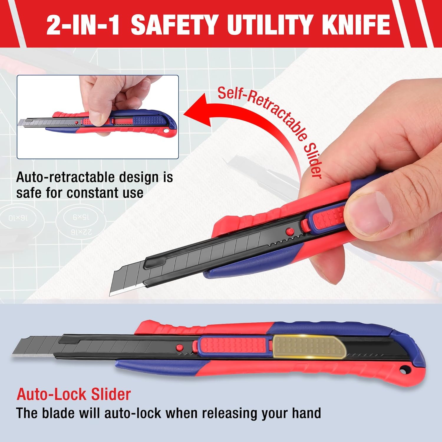 Retractable safety utility knife with red and blue handle, black blade extended