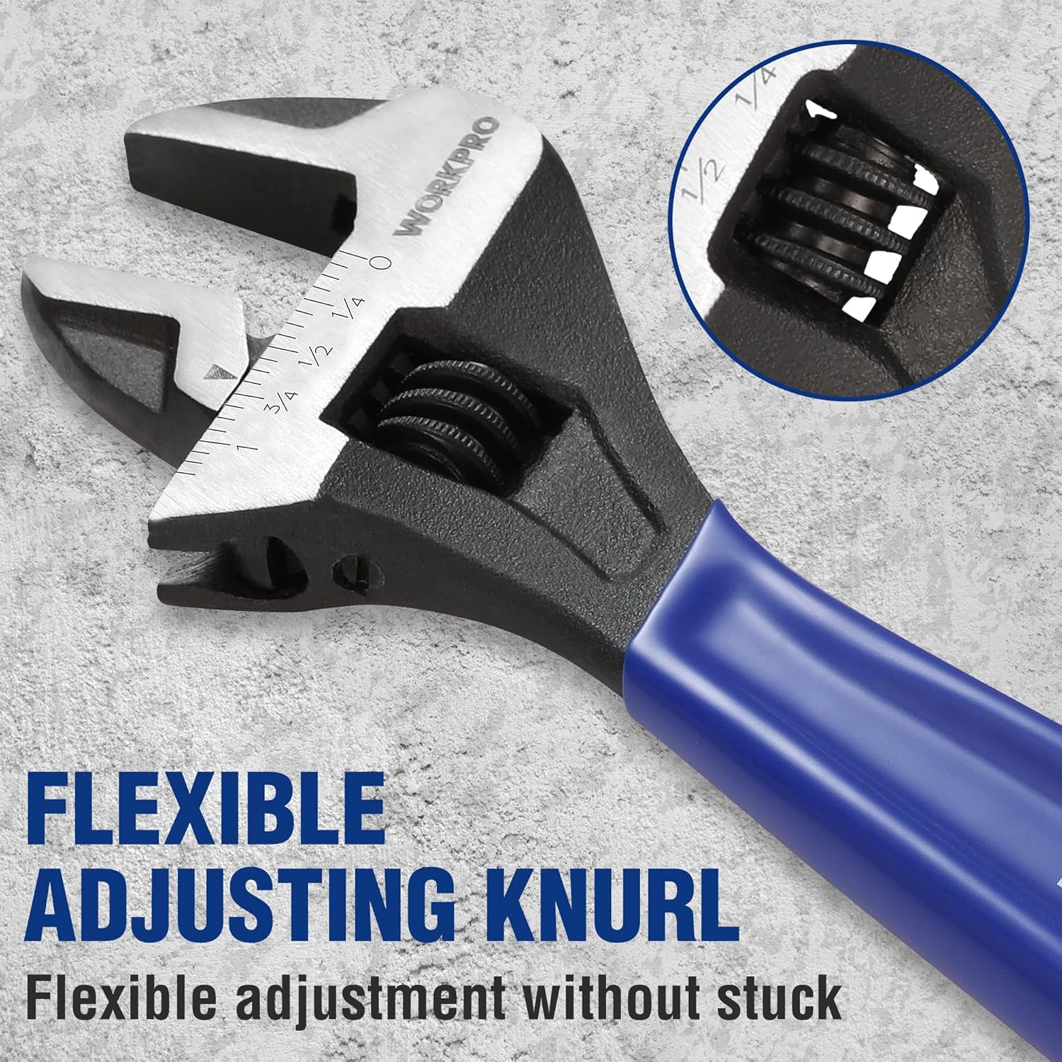 WORKPRO adjustable wrench with flexible knurled adjuster and blue handle