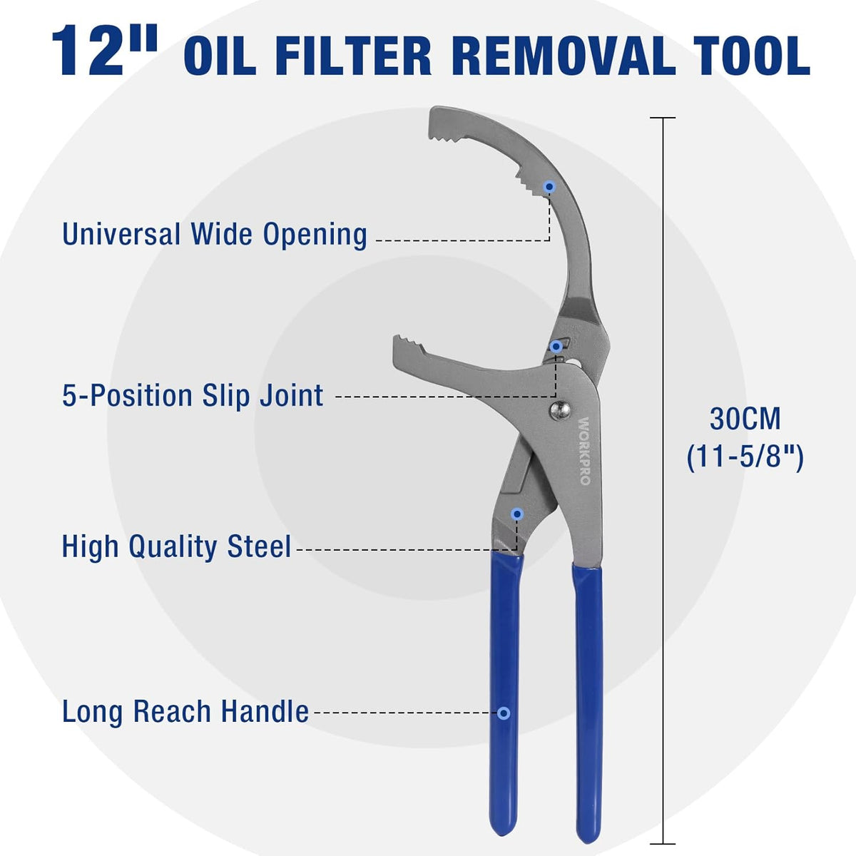 12 in oil filter removal tool with 5-position slip joint and long blue reach handles