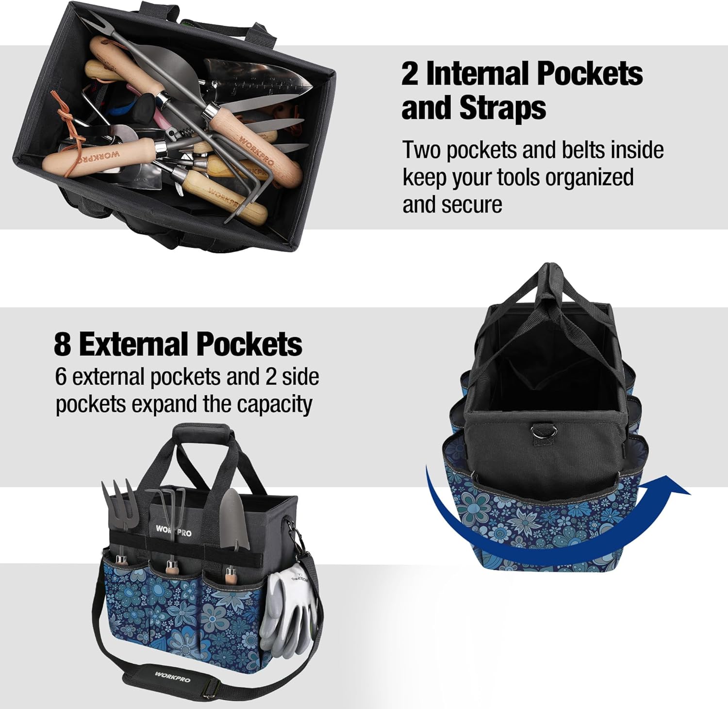 Floral blue and gray organizer tote with internal straps and external pockets for tools.