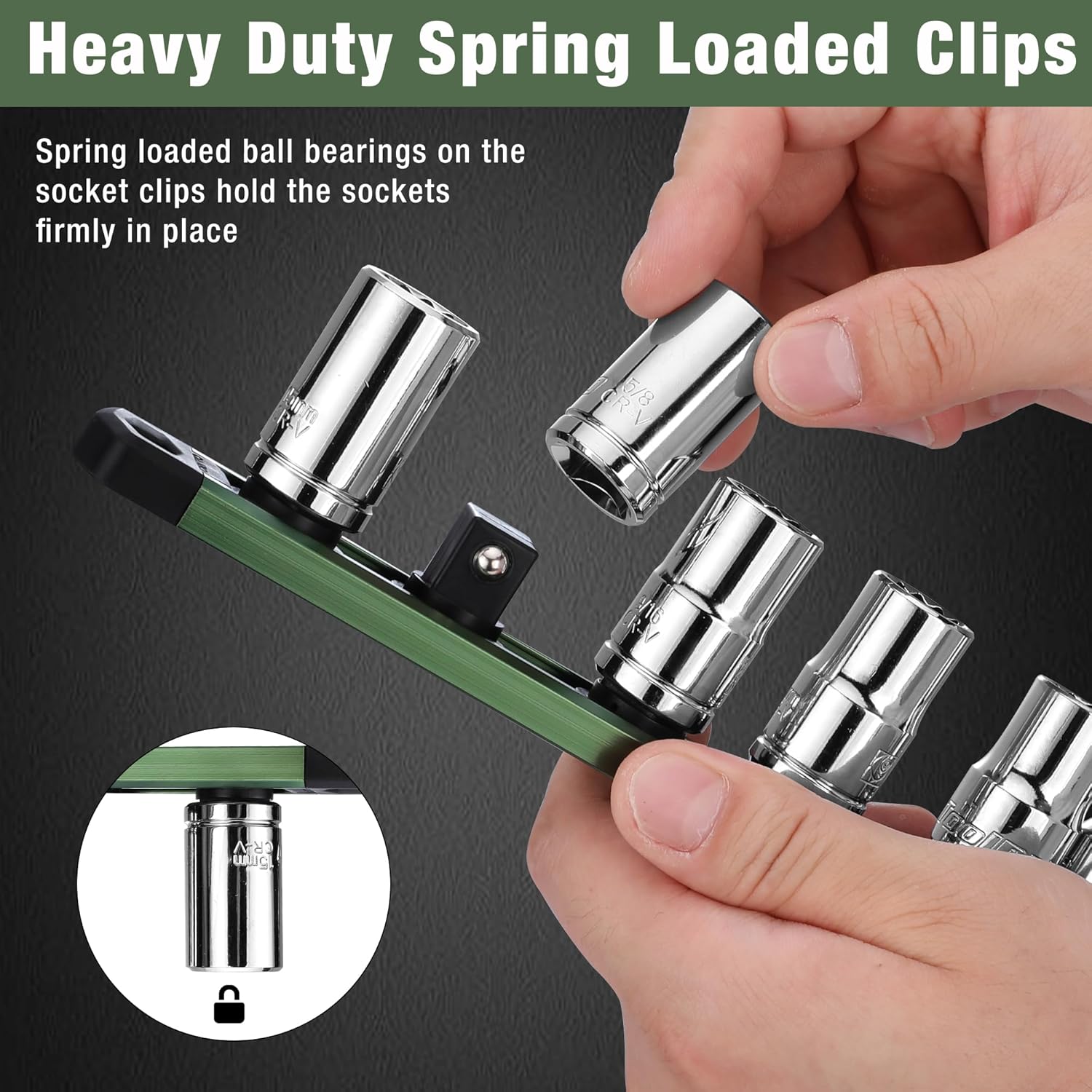 Green magnetic socket organizer rail with spring-loaded black clips holding sockets